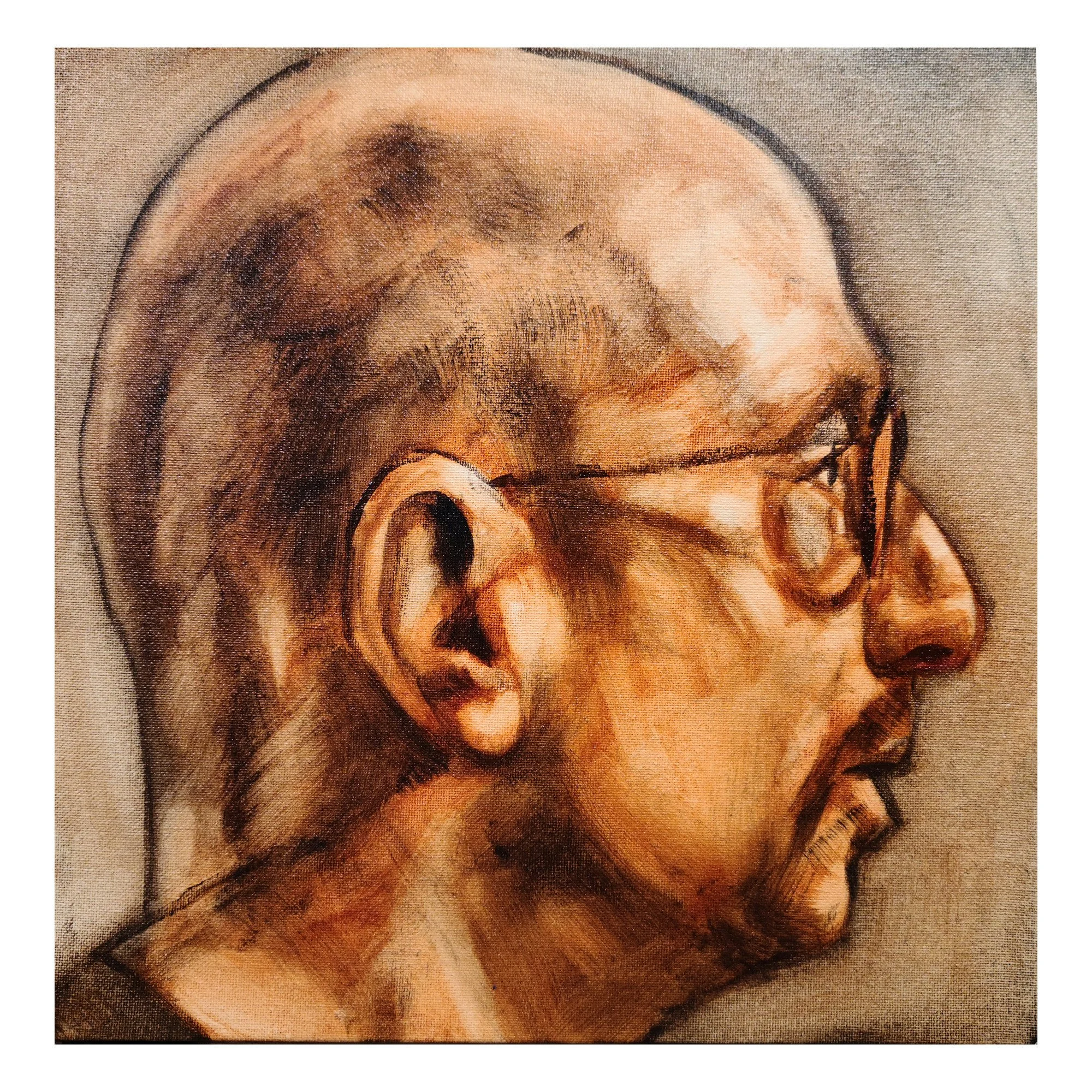 Self Portrait, (Head Study Profile 2 in Sepia with Glasses), 12x12 inches, oil on canvas panel, by Kenney Mencher Etsy.jpg