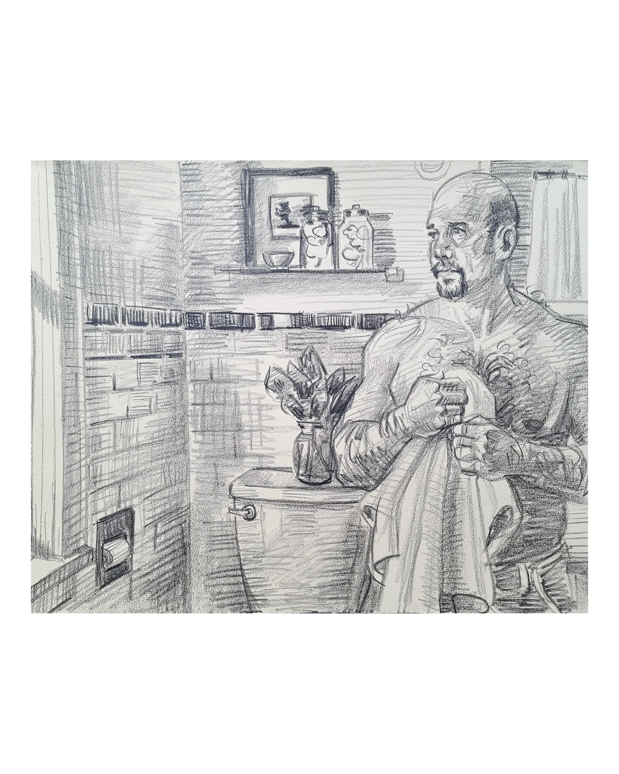 Self Portrait in the Bathroom, 16x20 inches, crayon on toned Rives BFK, by Kenney Mencher