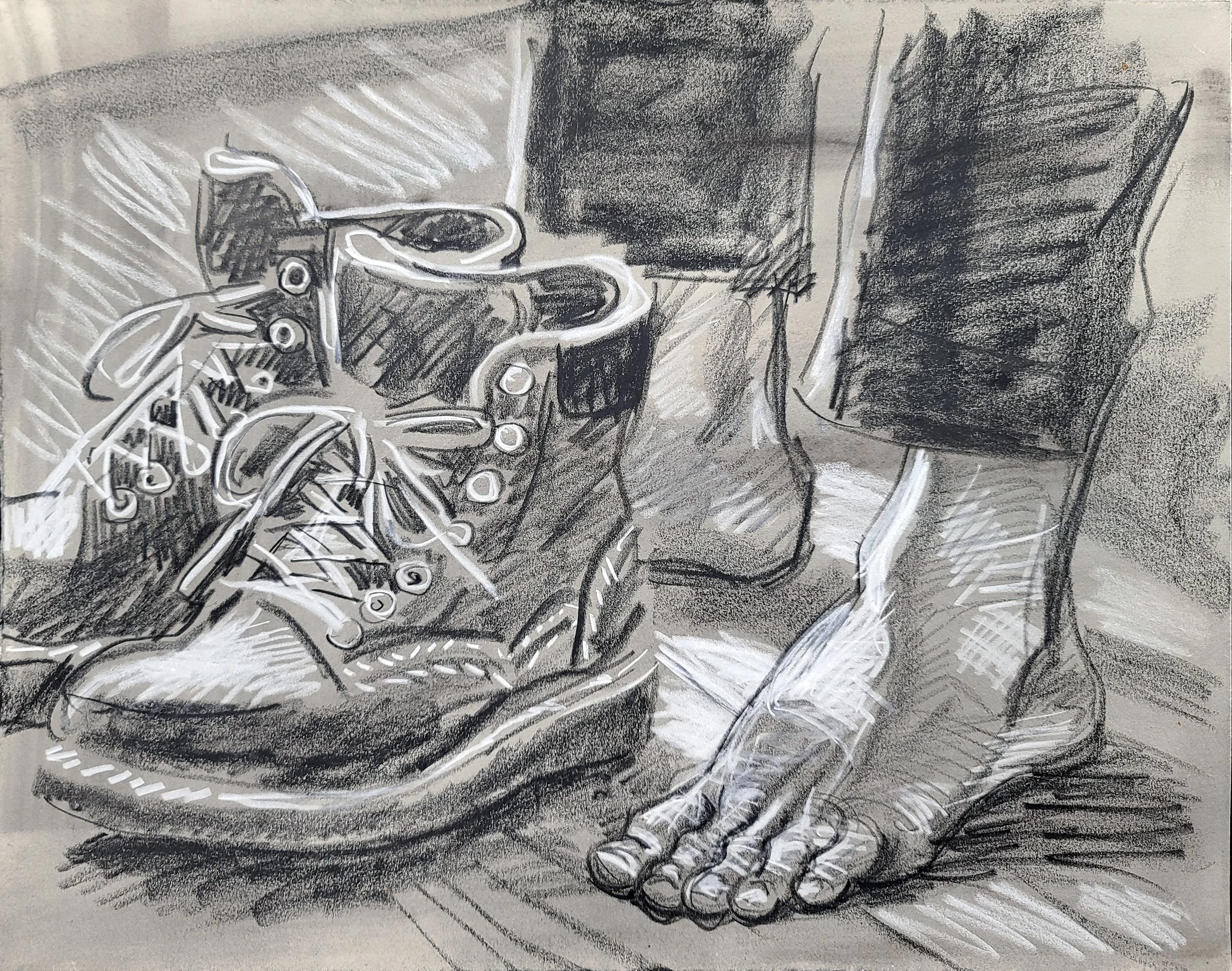 My Feet and Shoes, Self Portrait with my Bunions, 16x20 inches, crayon on toned Rives BFK, by Kenney Mencher.jpg