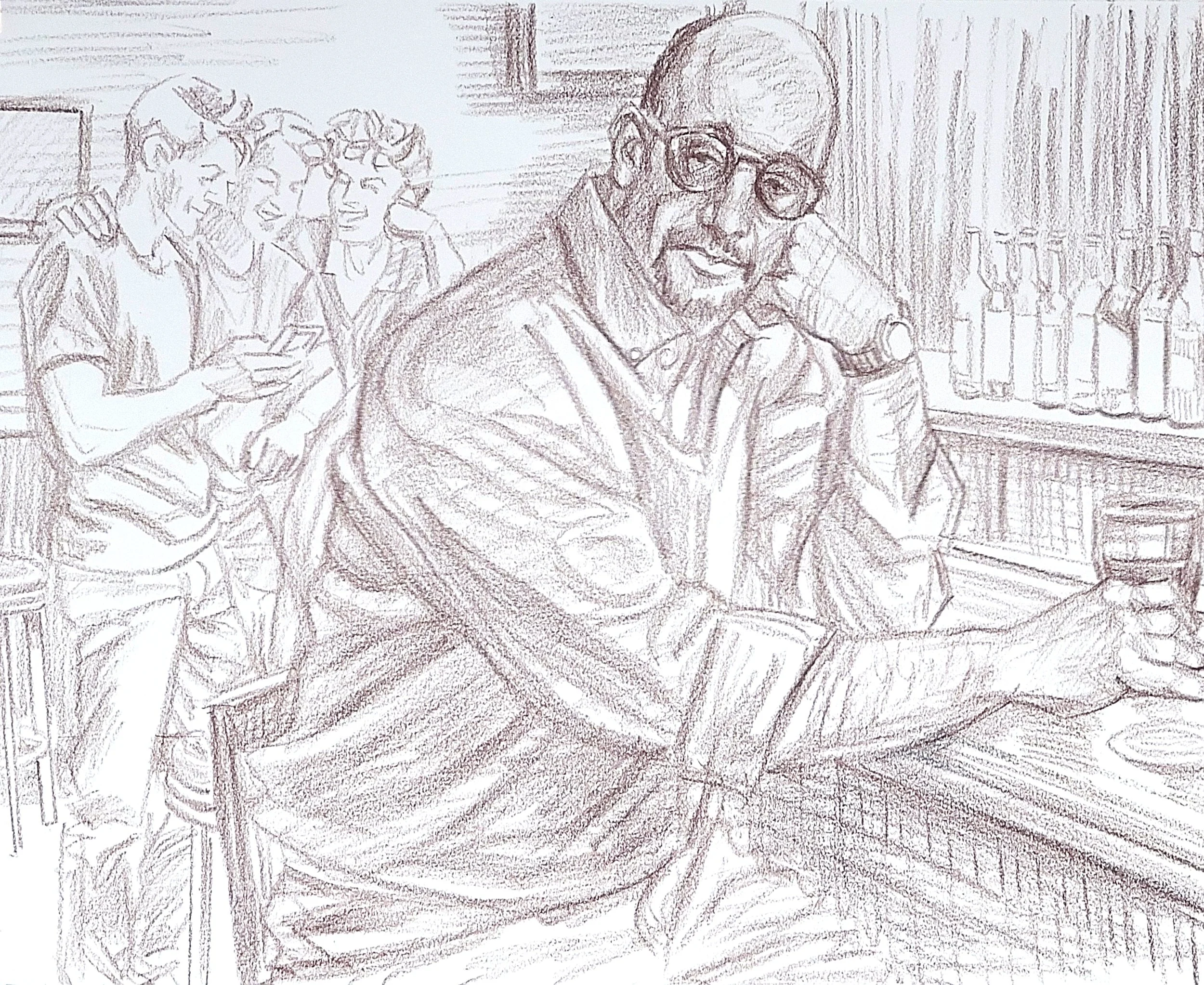 Saturday Night in a Bar, 20x16 inches, crayon on toned paper by Kenney Mencher .jpg