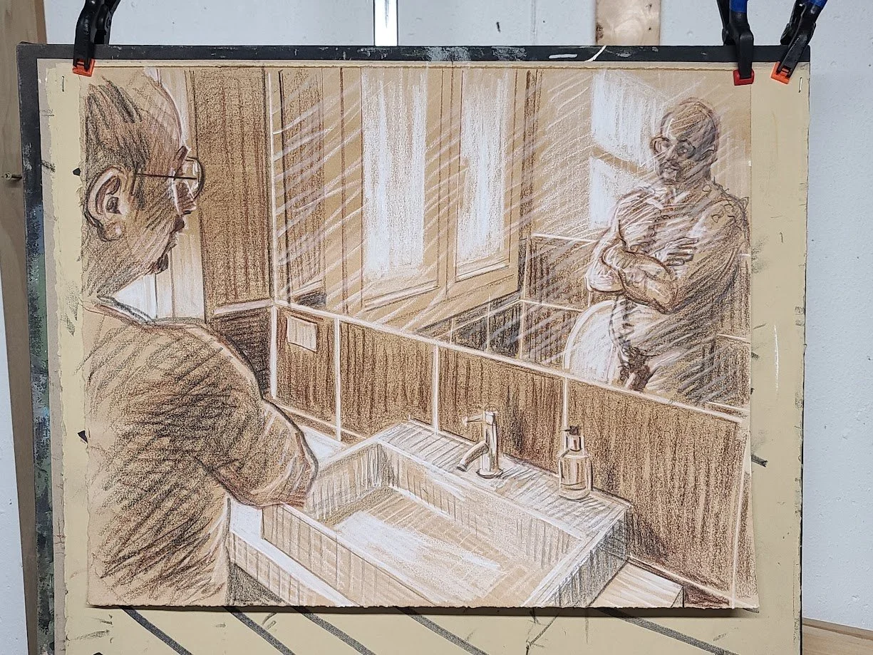 Saturday 9-15 AM, 20x16 inches, crayon on toned paper by Kenney Mencher   .jpg