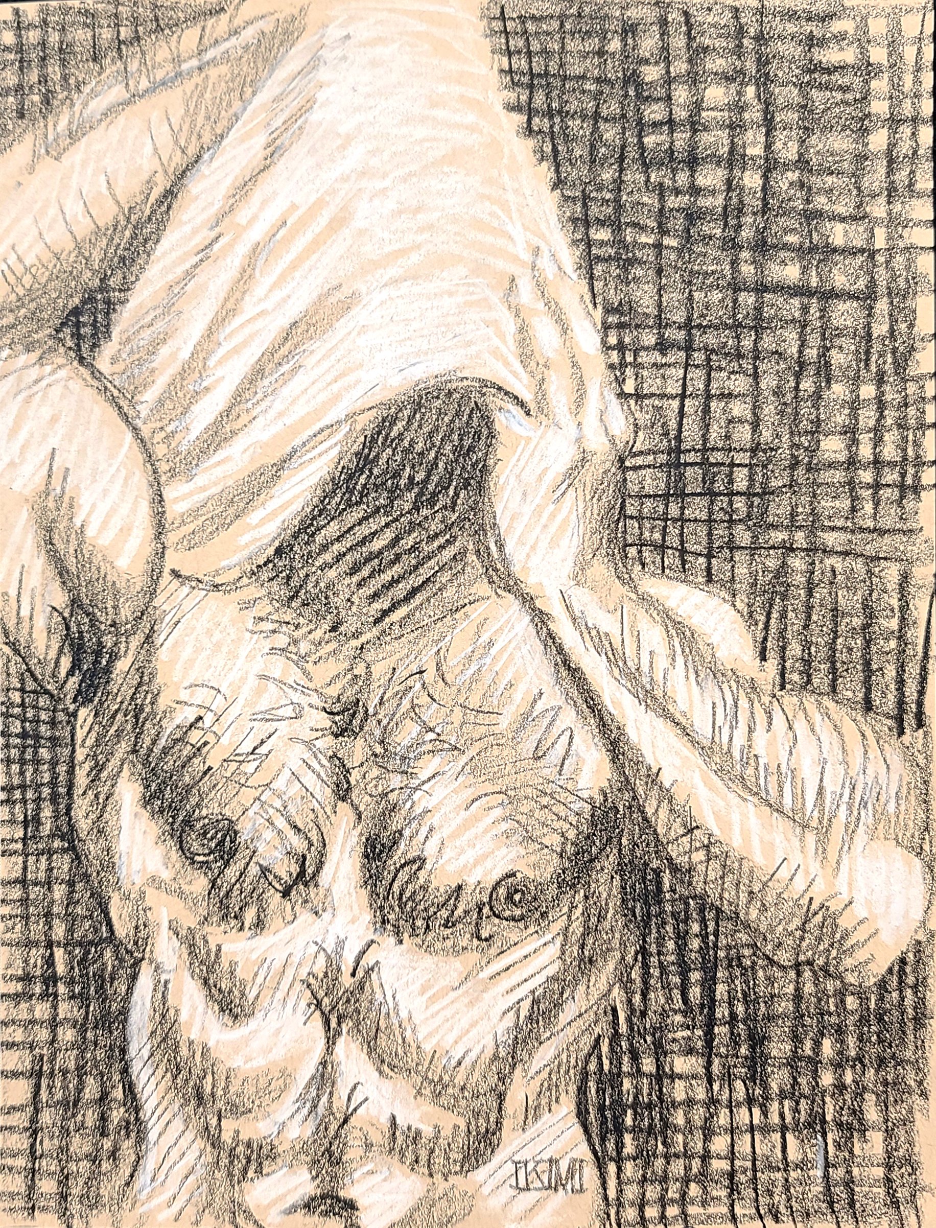 Toweling Off, 9x12 inches, black and white crayon on tan paper by Kenney Mencher .jpg
