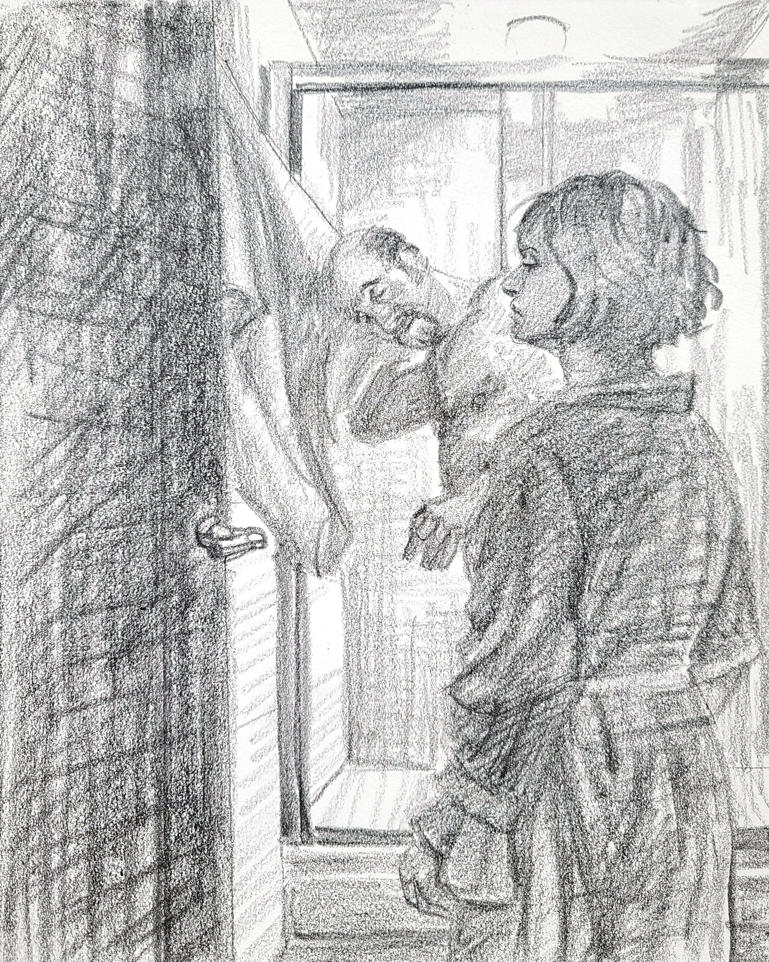 Morning, Bathroom, (Self Portrait Toweling Off), 12x9 inches, crayon on Rives BFK, by Kenney Mencher.jpg