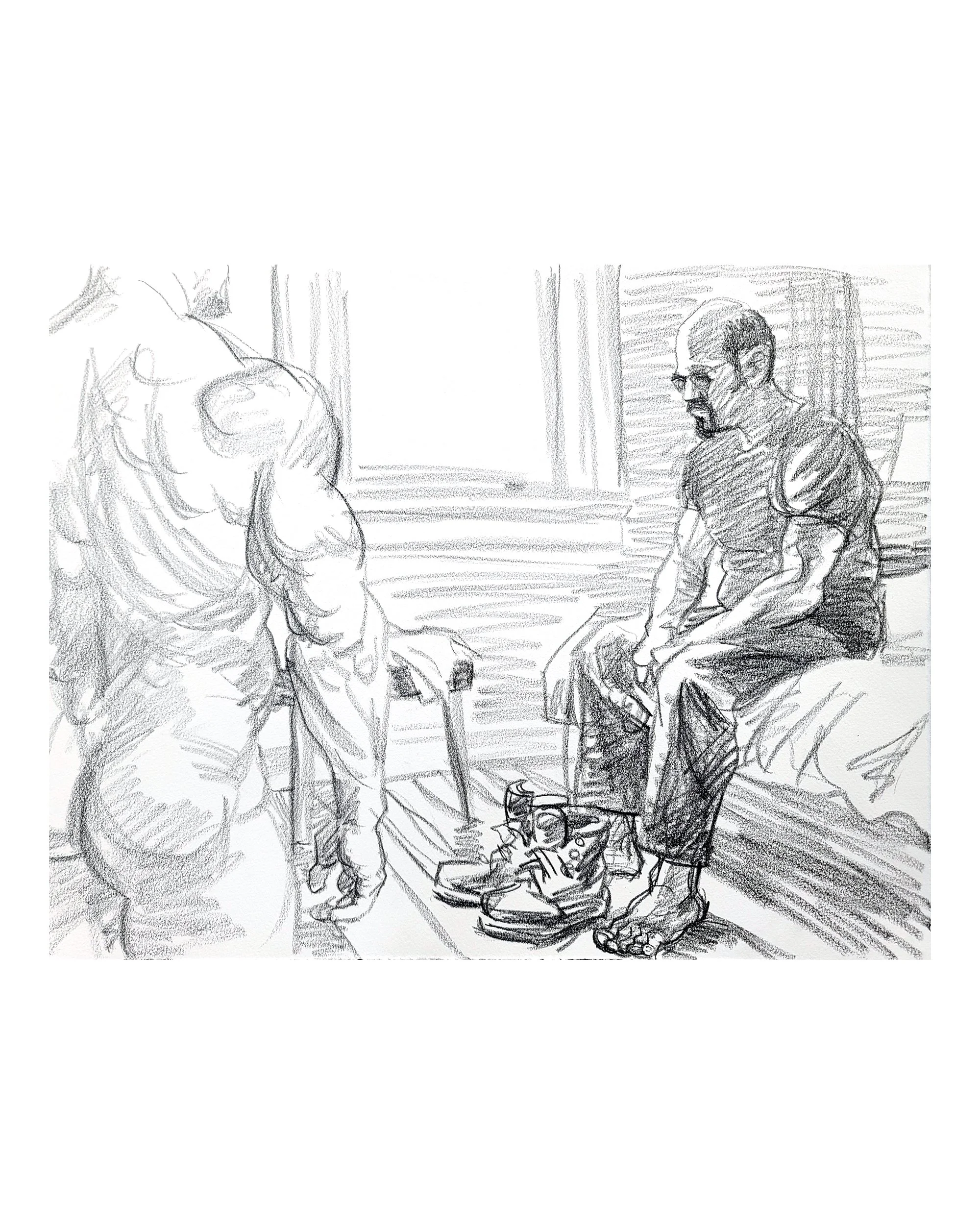 Self Portrait with another Figure, 22x30 inches, crayon on Rives BFK, by Kenney Mencher