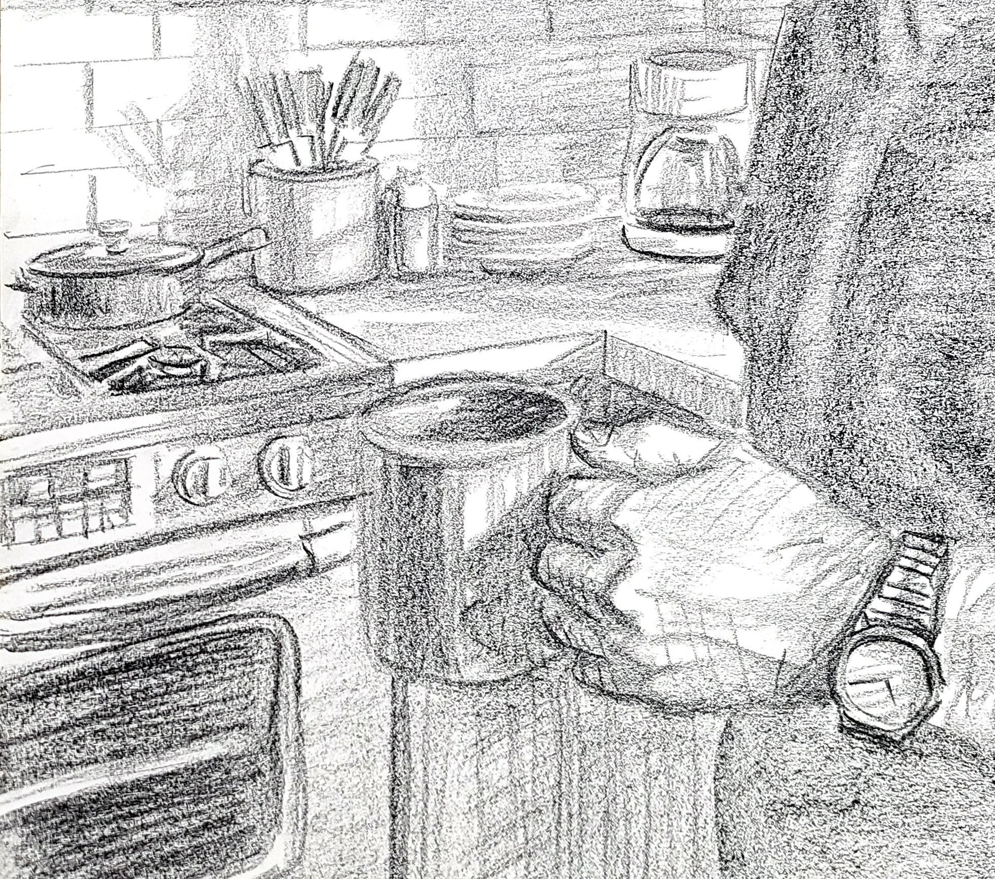 Self Portrait,Morning Coffee in the Kitchen, 24x18 inches, crayon on paper, by Kenney Mencher dtl2.jpg