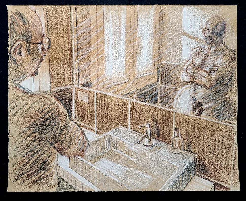 Saturday 9-15 AM, 20x16 inches, crayon on toned paper by Kenney Mencher black.jpg