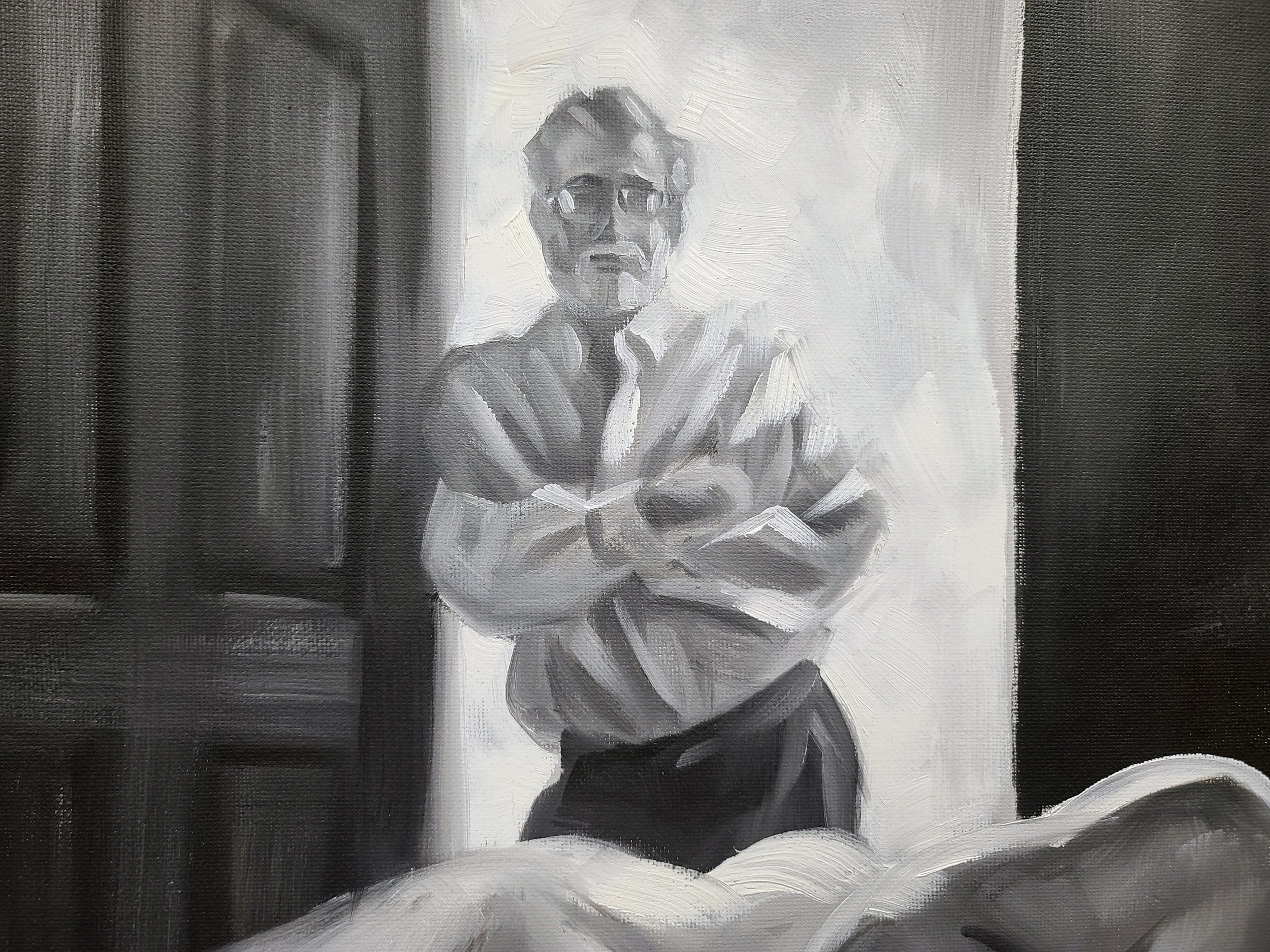 Greeny in my Dream, 18x24 inches black and white oil paint on canvas paper by Kenney Mencher (7).jpg