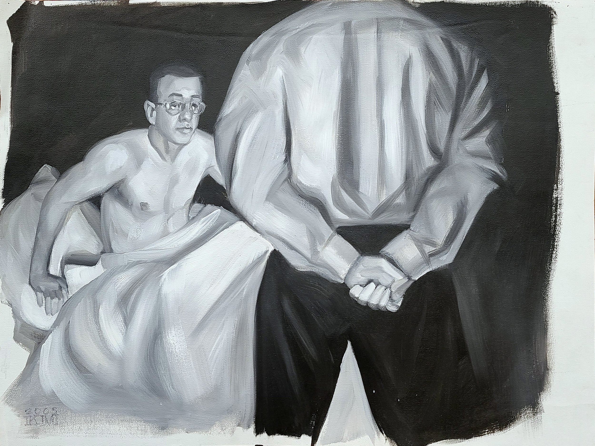 Greeny in my Dream, 18x24 inches black and white oil paint on canvas paper by Kenney Mencher .jpg