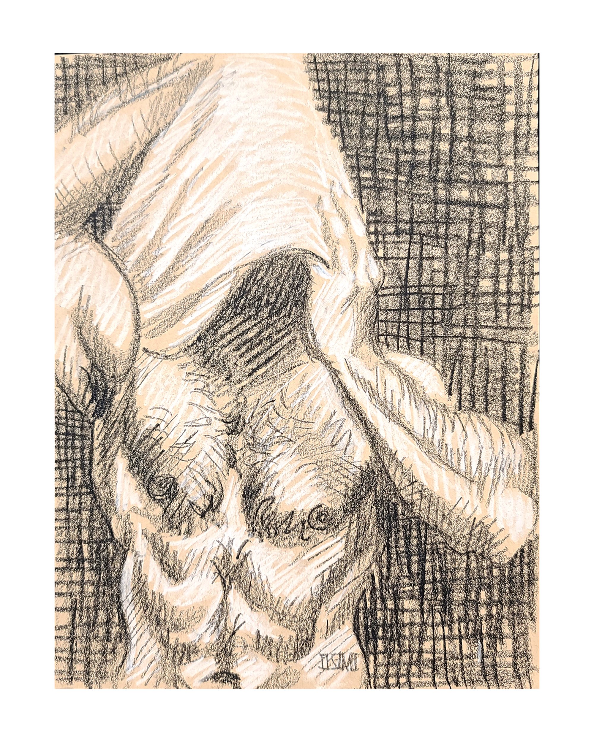 Toweling Off, 9x12 inches, black and white crayon on tan paper by Kenney Mencher Square.jpg