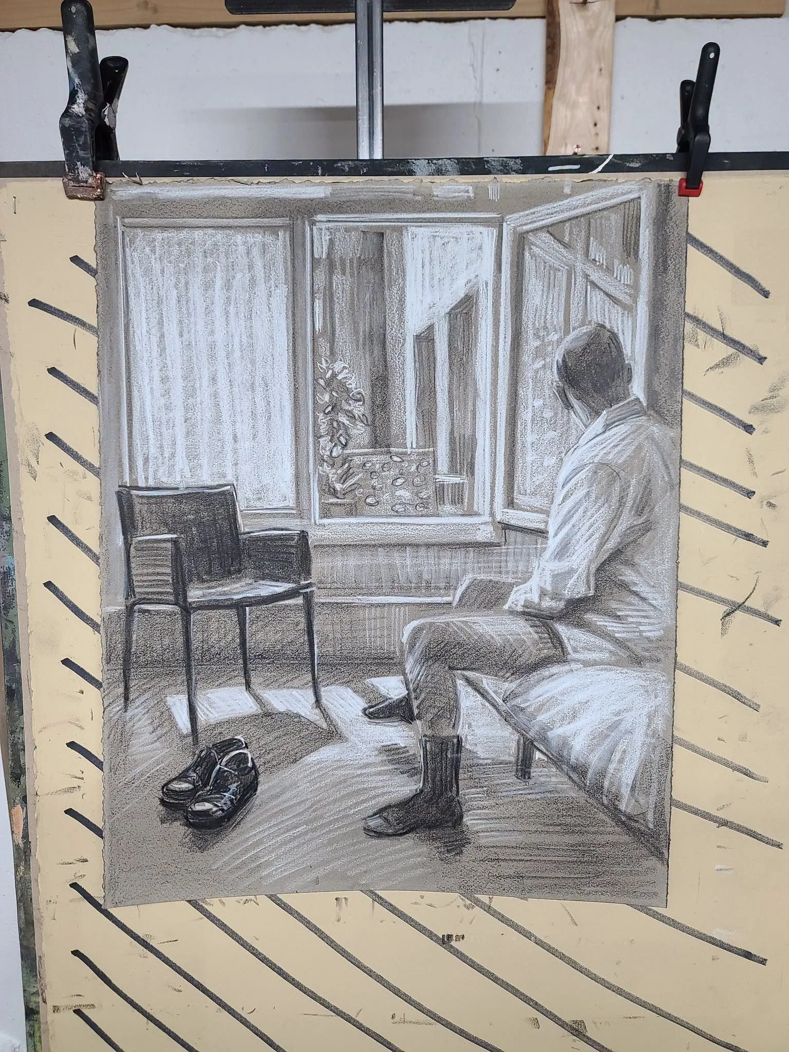 Monday 9-15 AM (Padua) 20x16 inches crayon on toned paper by Kenney Mencher white in situ2.jpg