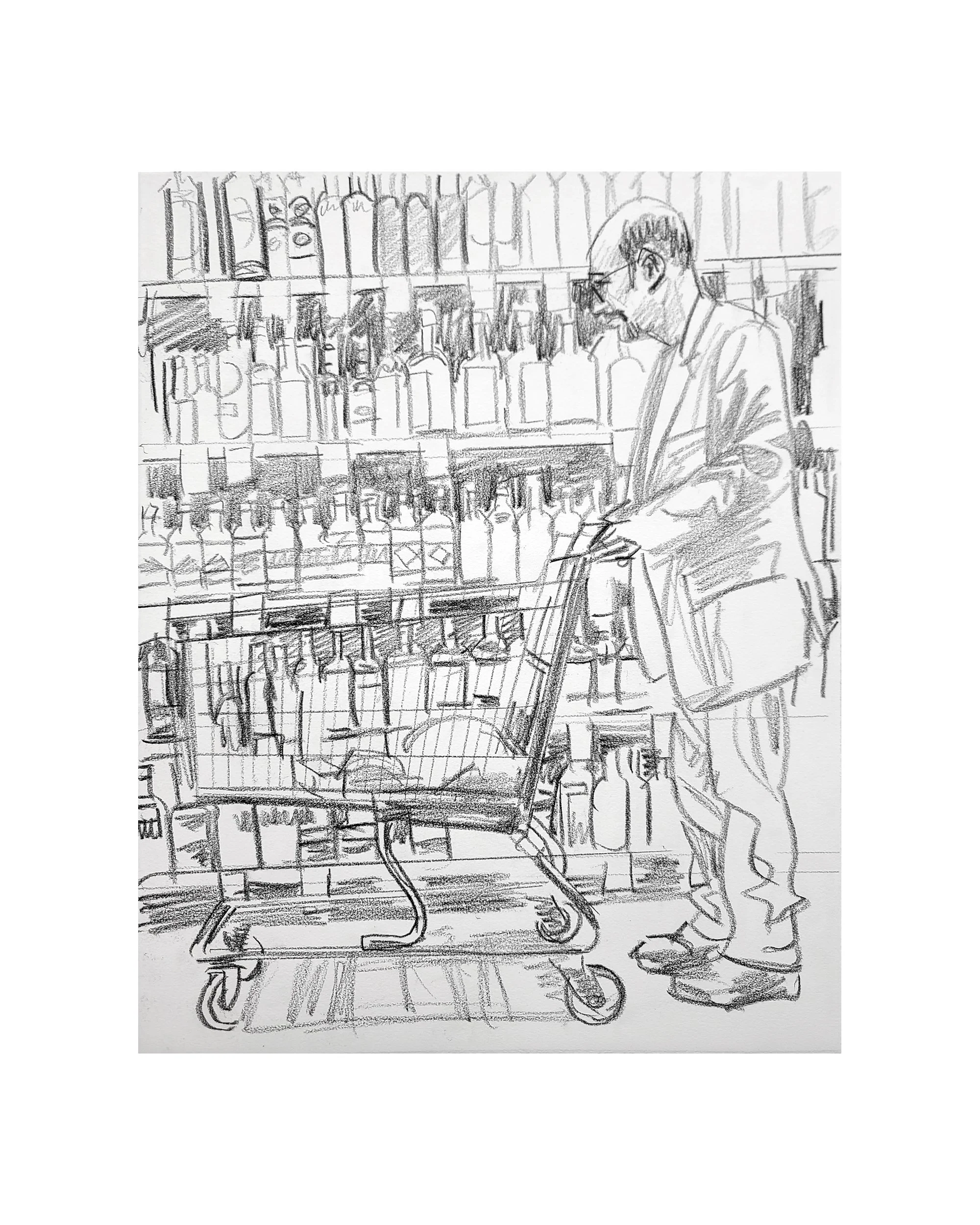 Groceries, Coffee House, 22x16 inches, crayon on paper, by Kenney Mencher