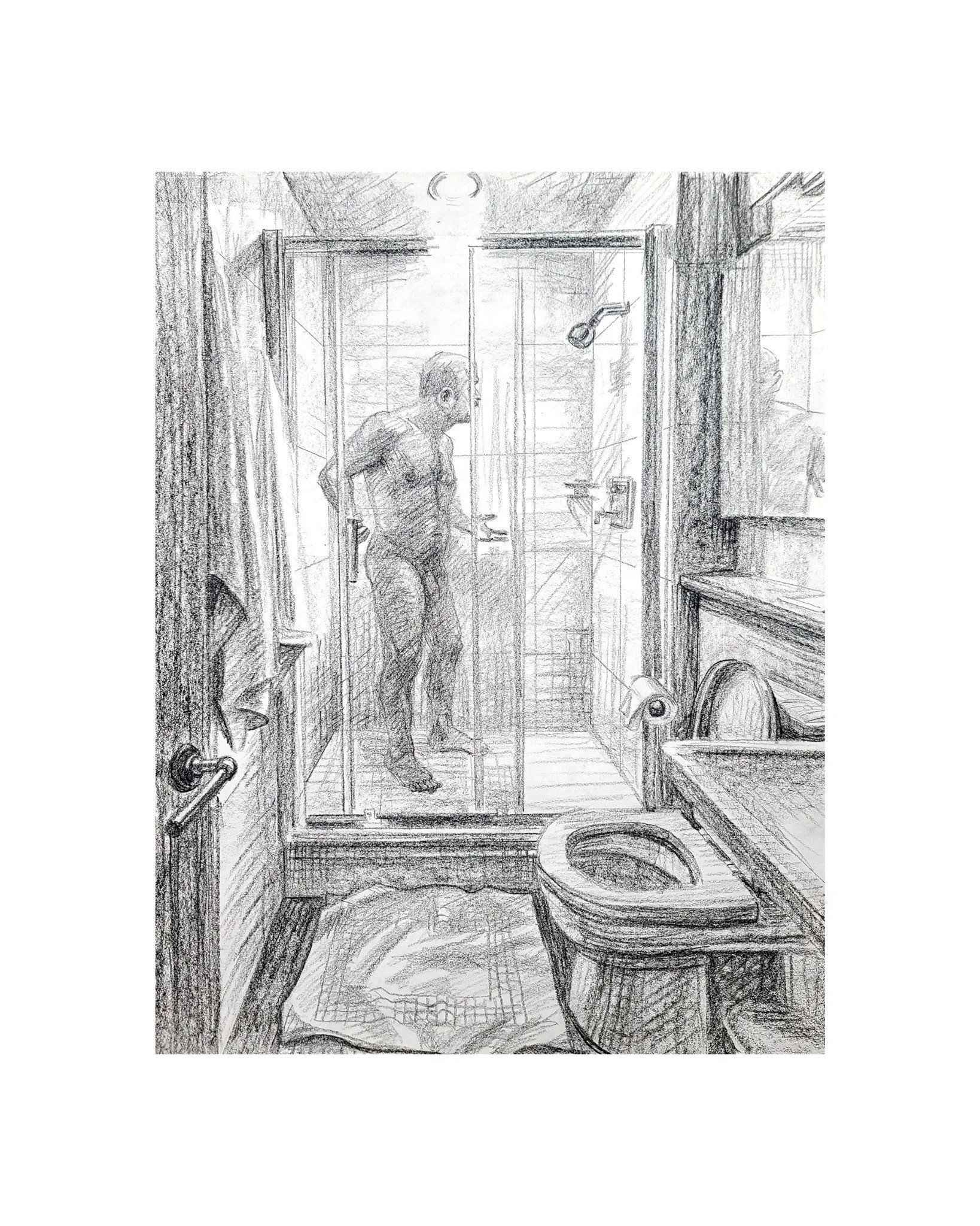 Self Portrait, Showering, 24x18 inches, crayon on paper, by Kenney Mencher