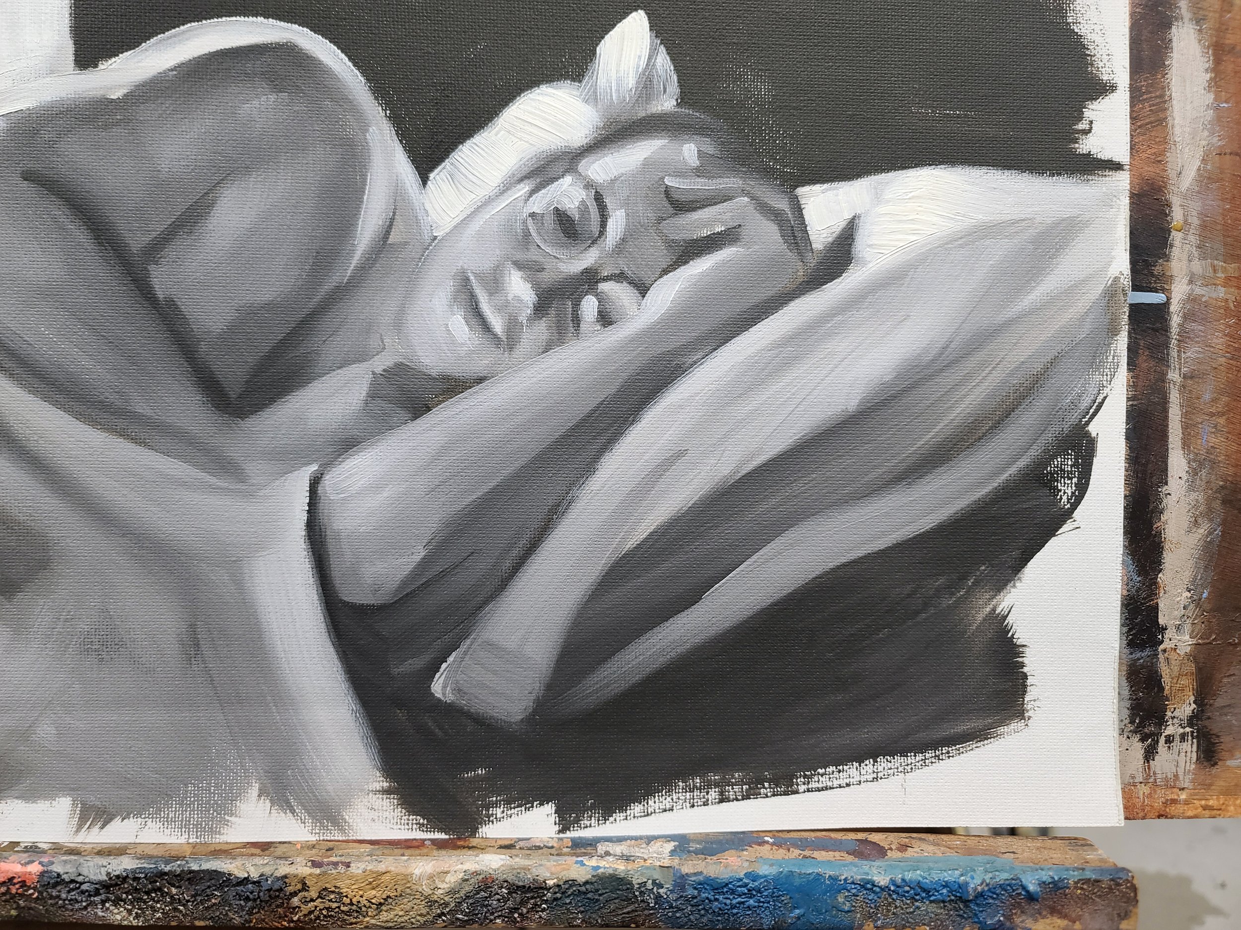 Greeny in my Dream, 18x24 inches black and white oil paint on canvas paper by Kenney Mencher (5).jpg
