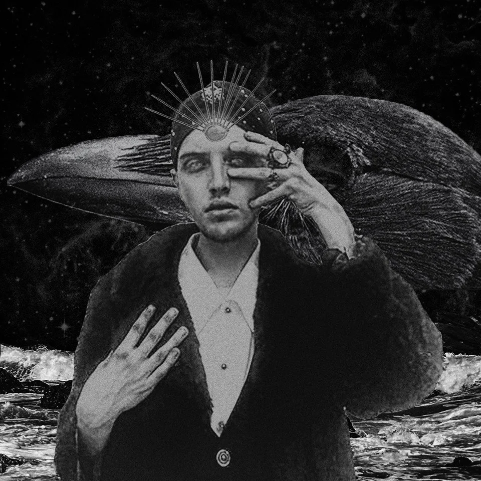 Black and white surreal artwork of a person with elaborate headpiece, holding a hand to their face, standing in front of a large whale's head in the water.