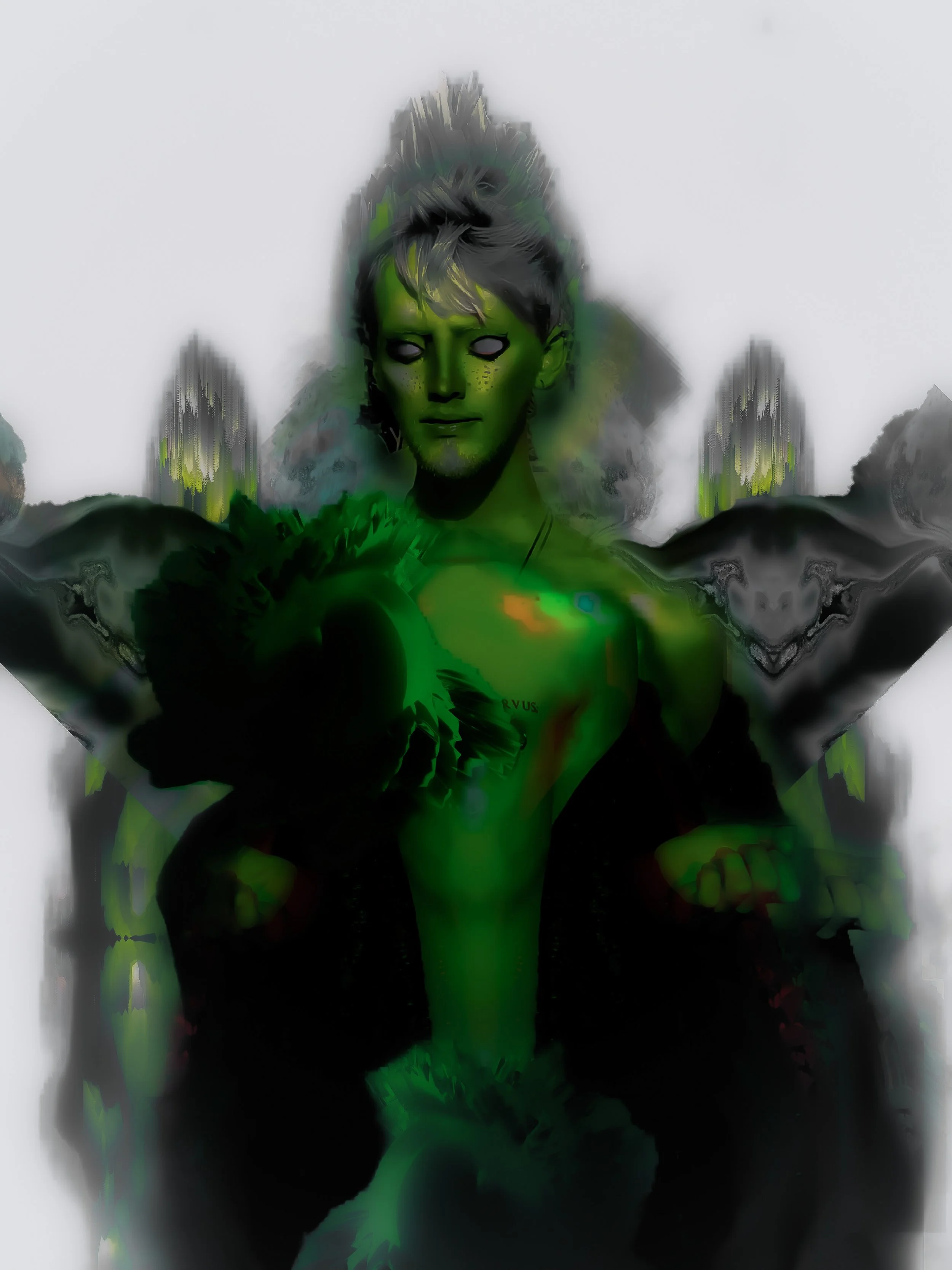 A digital artwork features a green-skinned humanoid figure with pointed, spiked hair, blank white eyes, and glowing features. The figure is surrounded by a dark, abstract background with swirling patterns and hints of green. The artwork has a surreal