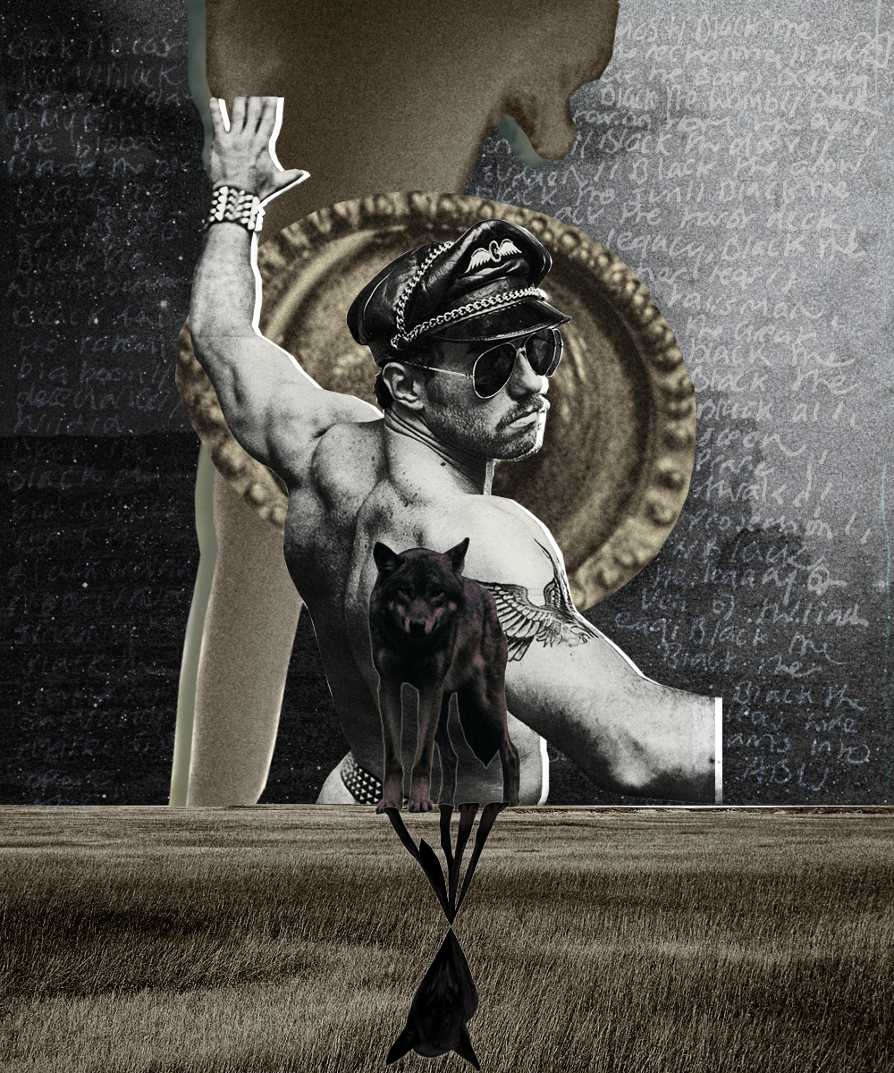 A collage featuring a shirtless man wearing sunglasses, a leather cap with chains, a tattoo of an angel on his chest, and bracelets. He is holding a crown or circular object above his head. A black dog is standing in front of him with its reflection 