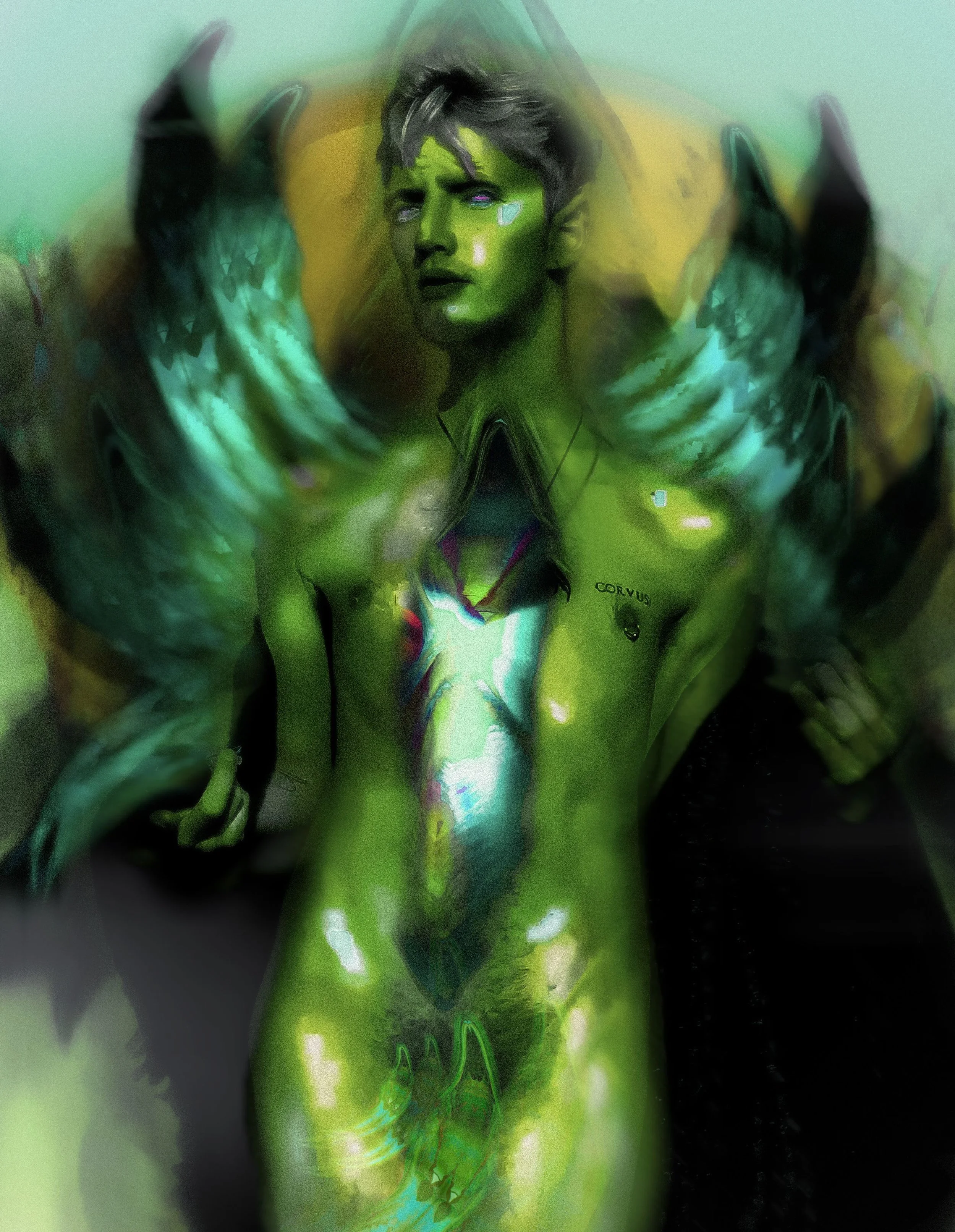 Distorted and colorful digital artwork of a shirtless man with tattoos, with green and neon accents, abstract background, and swirling effects.