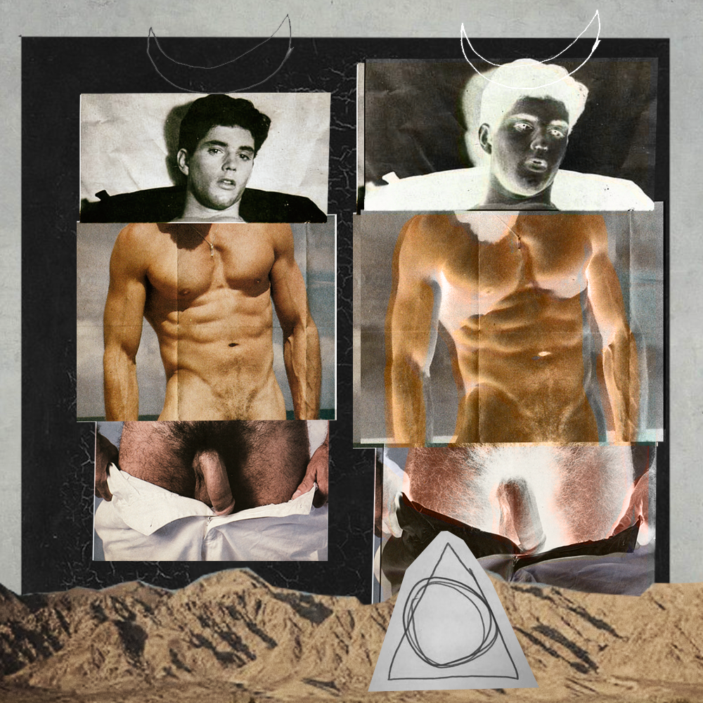 Collage art featuring various images of a man, including black and white and negative effects, with a stylized mountain landscape at the bottom and geometric doodles at the top and around the collage.