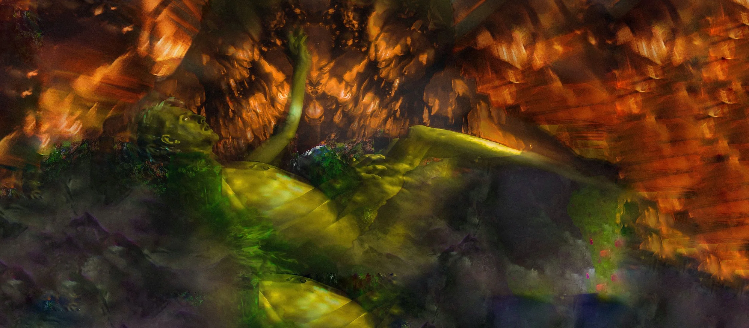 A surreal digital artwork of a reclining woman with a green-toned body, set against a dark, fiery background with abstract patterns and textures.