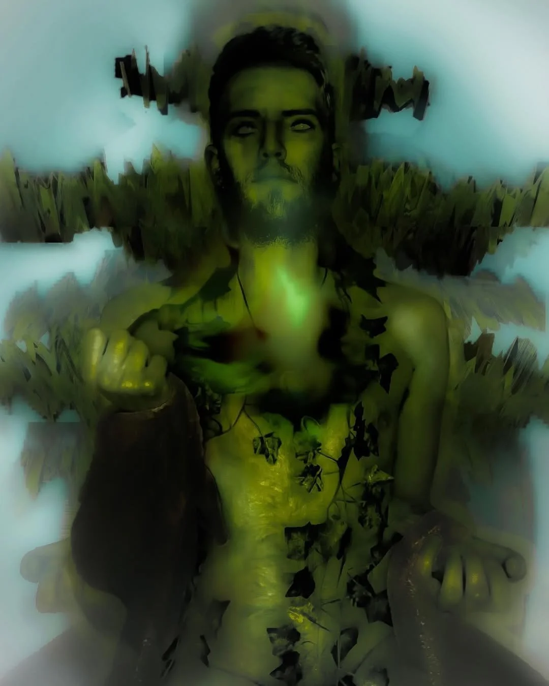 Digital art of a shirtless man with a beard and animated eyes, surrounded by abstract green and blue shapes, with a fierce expression and pointing towards the viewer.