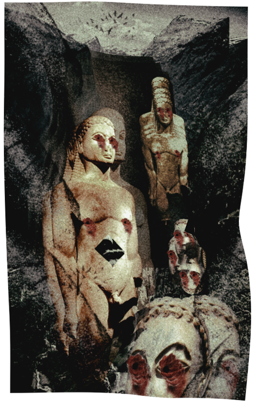 Dark, eerie scene with stone sculptures of distorted female figures with exaggerated features and red markings, set against a rocky background.