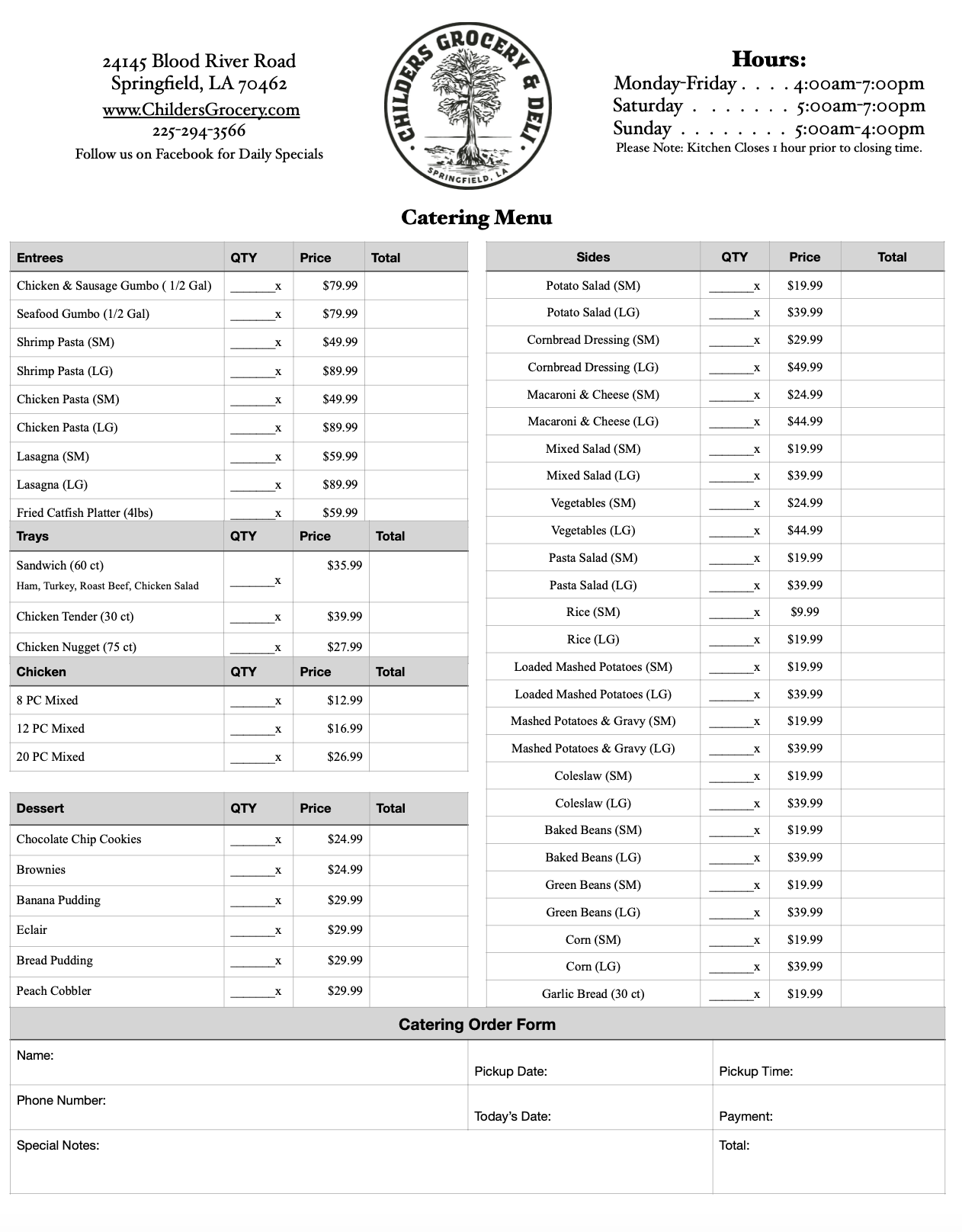 Catering menu from Childers Grocery and Deli in Springfield, LA, featuring entrees, trays, chicken, desserts, sides, and catering order form details.