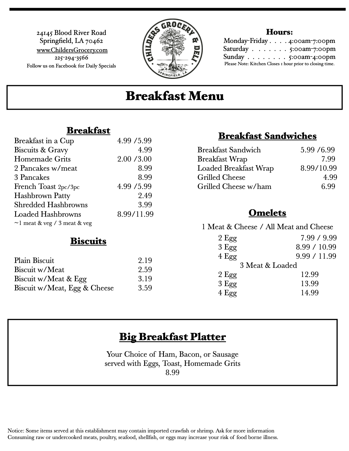 A breakfast menu from Childers Grocery & Deli in Springfield, LA, listing various breakfast dishes, sandwiches, biscuits, omelets, and a big breakfast platter, along with the store's address, hours, and contact information.