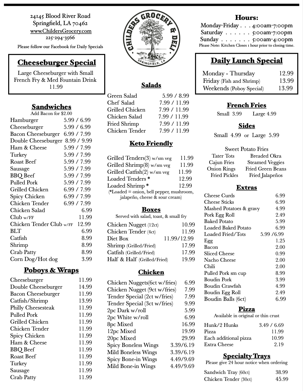 A restaurant menu from Childers Grocery & Deli in Springfield, LA, featuring sections for cheeseburgers, sandwiches, salads, keto-friendly options, boxes, poboys, wraps, chicken, pizza, sides, extras, and specialty trays.