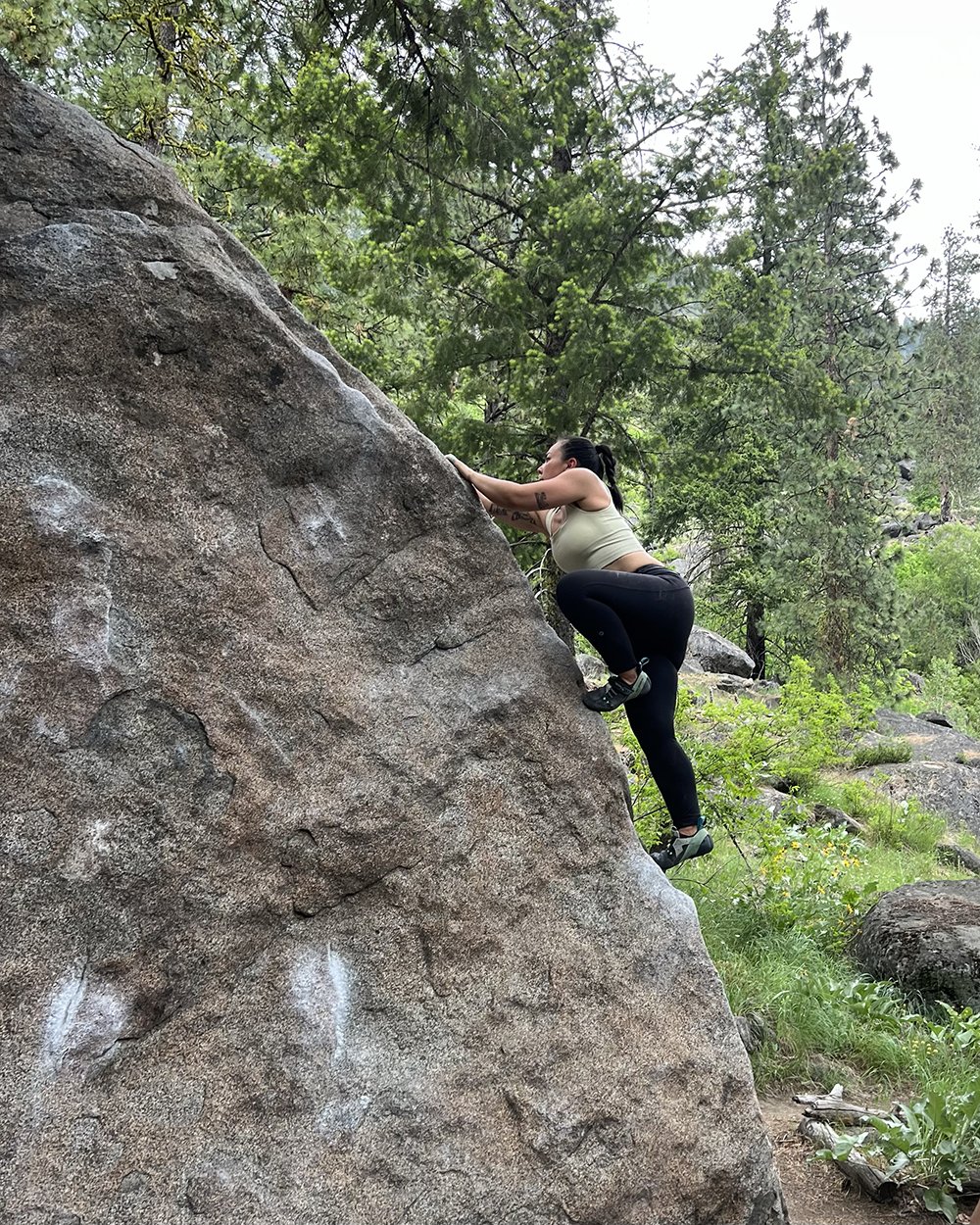  Warming up on a V0 on the Scarecrow Boulder in Forestland.  