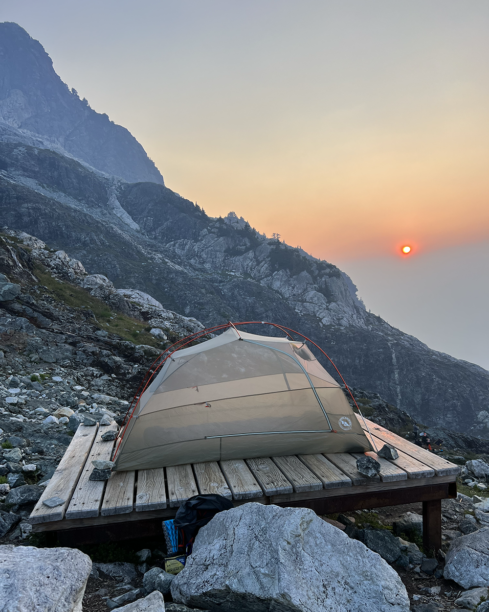  My tent on Panorama Ridge with a smoky sunset.  