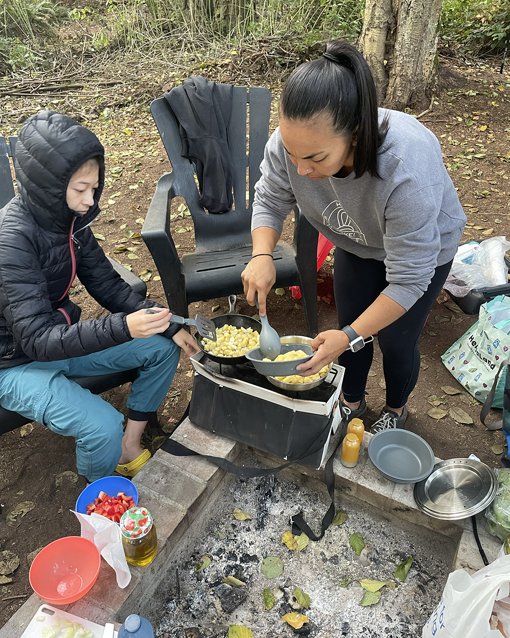  Mica and I cooking breakfast at camp.  