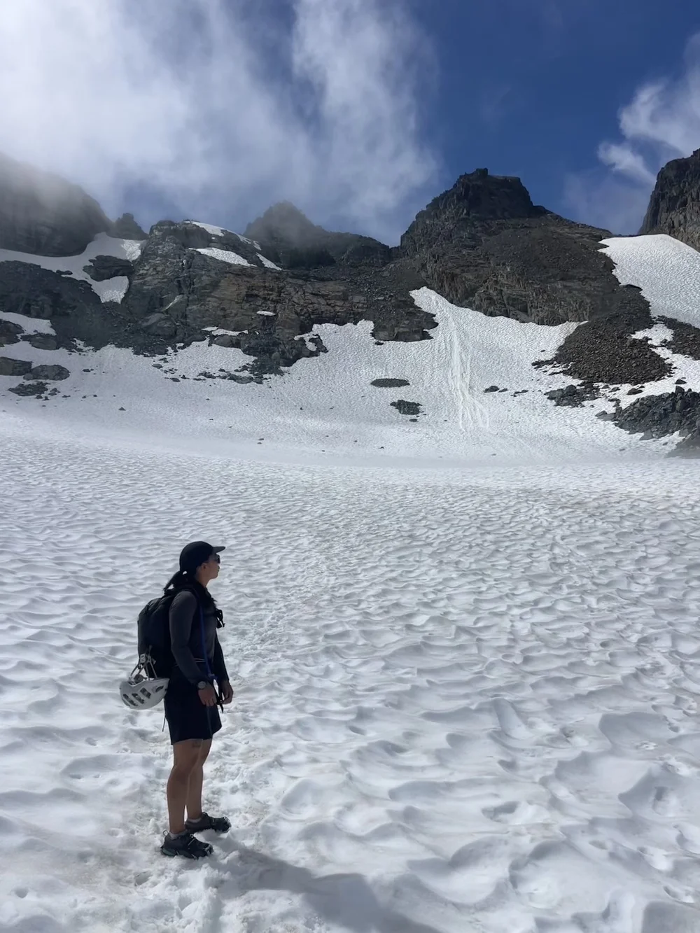  Approaching the steep snow slope. We put on microspikes and pulled out our ice axes for the slope. 
