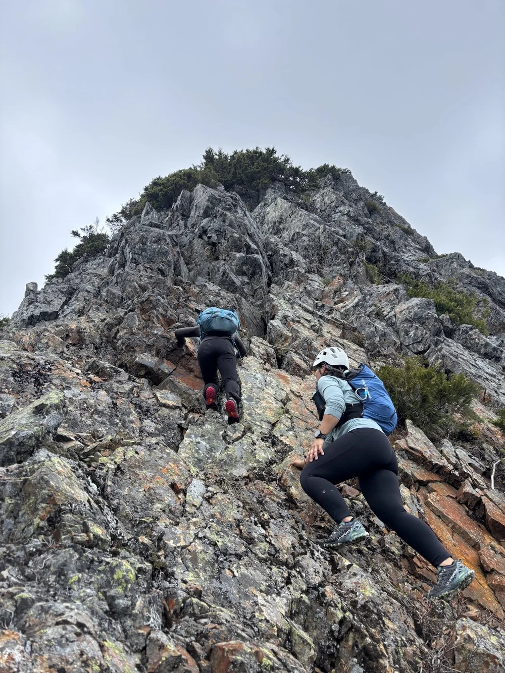  The climbing eases up but you have to be more careful of loose rock.  