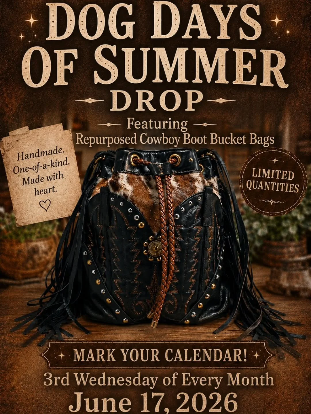 The "Dog Days Of Summer" Drop. Mark your calendars June 17th 2026. 
 Coruscate Leather will be having monthly drops on the 3rd Wednesday of every month.
June's Drop is named "Dog Days of Summer" and will feature a variety of bag s
