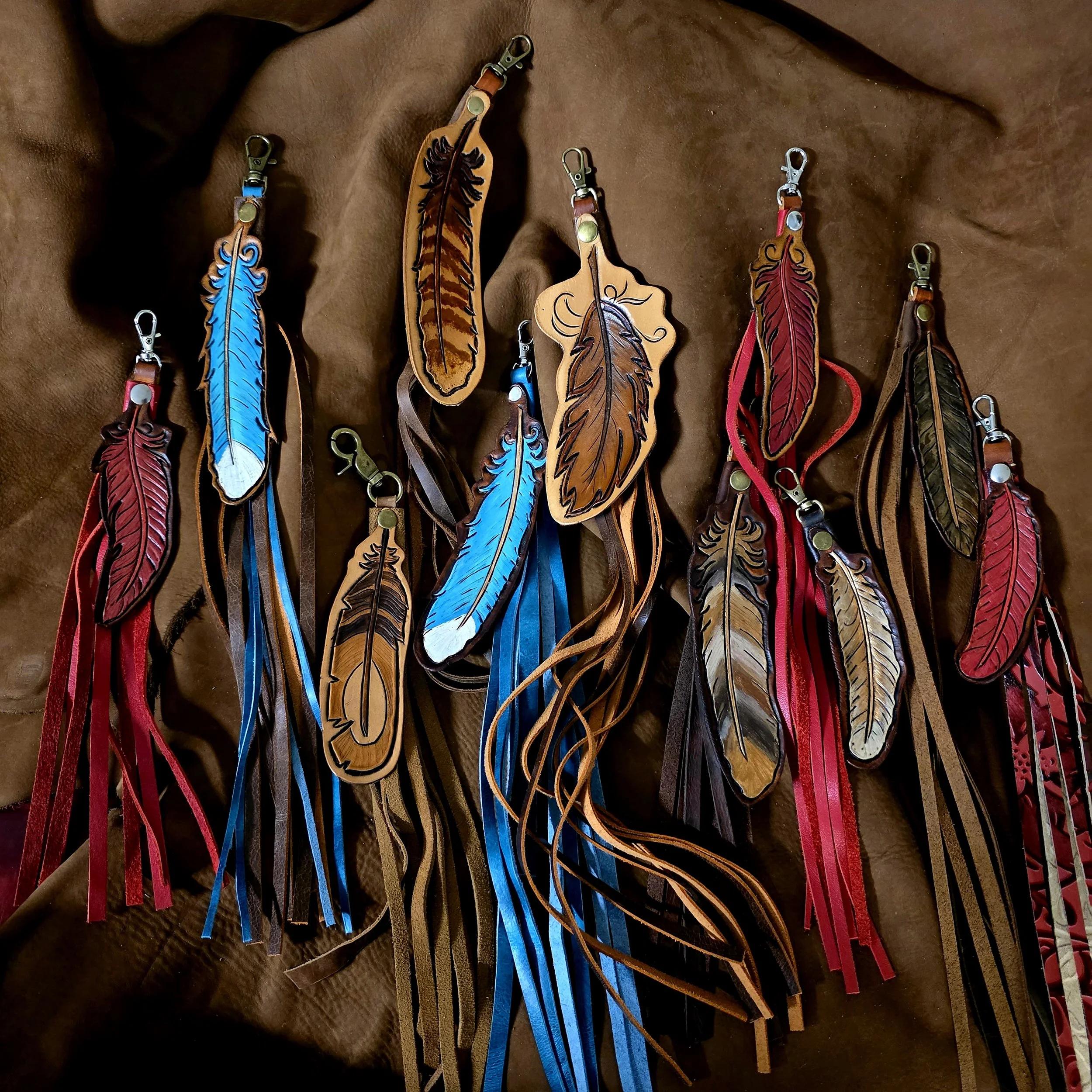 Hand-Carved Hand-Dyed Feather Fringe Bag Charms