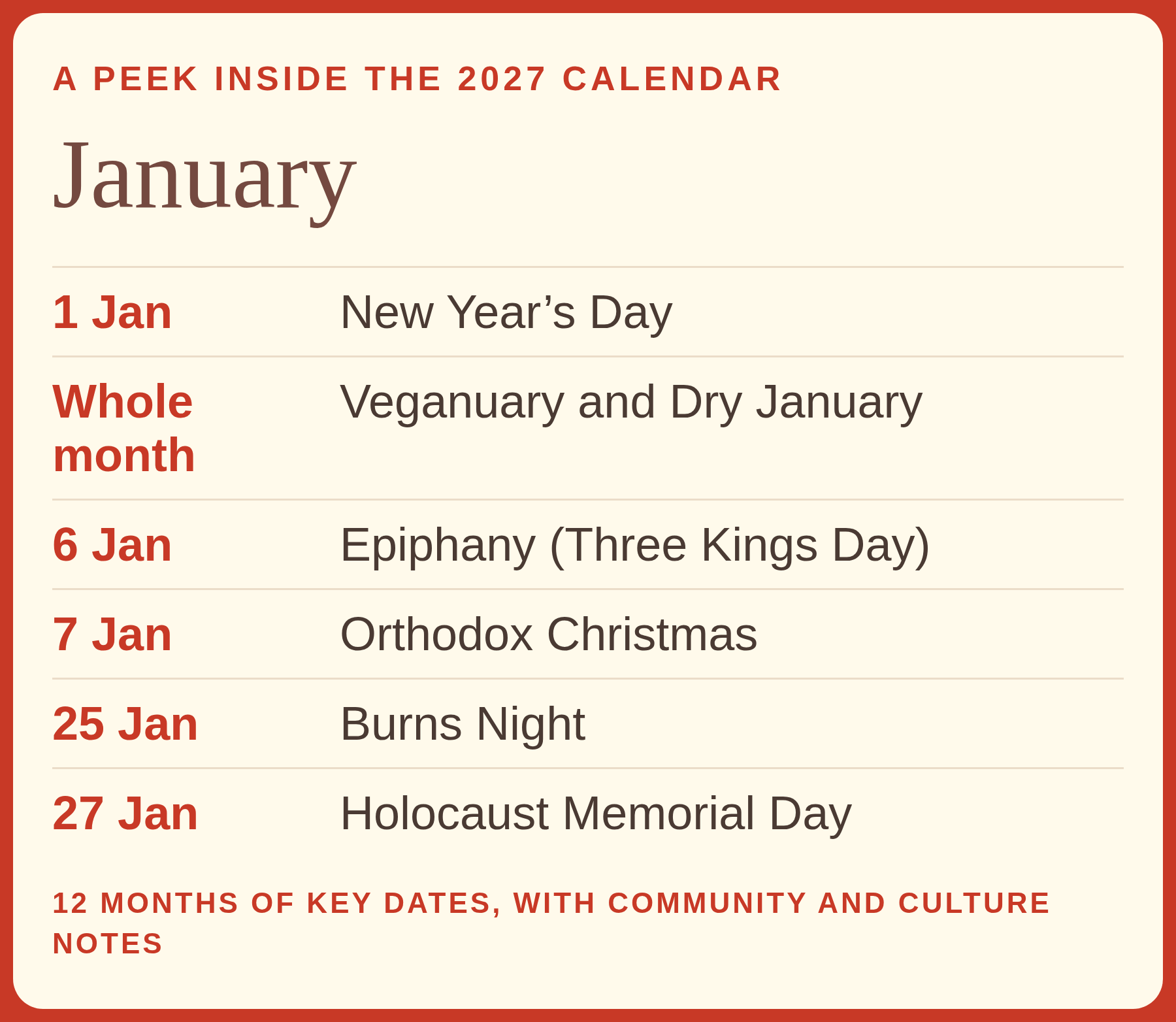 Preview of the 2027 cultural calendar showing January dates: New Year's Day, Veganuary and Dry January, Epiphany (Three Kings Day), Orthodox Christmas, Burns Night and Holocaust Memorial Day