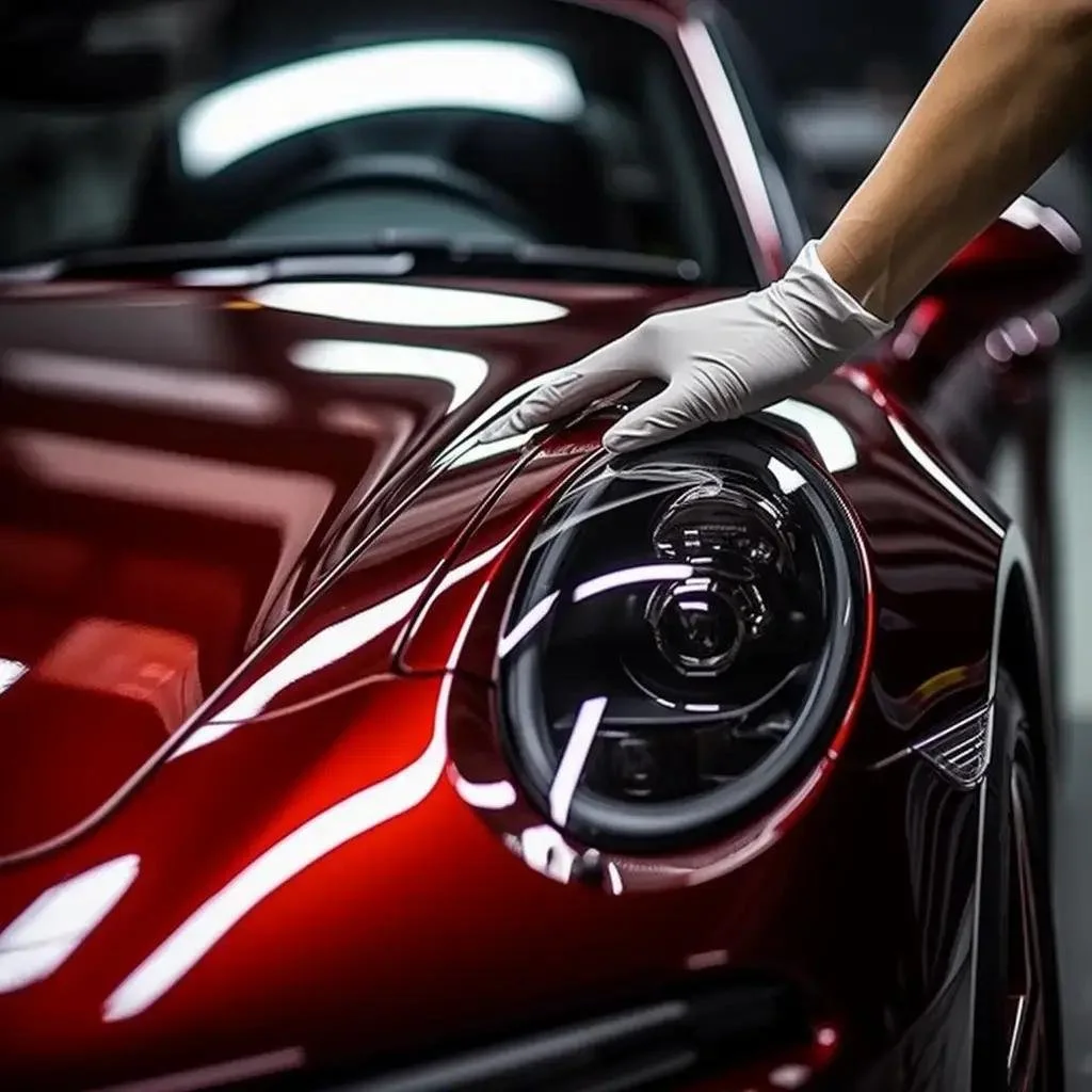 Un técnico con guantes blancos inspecciona el faro de un automóvil de color rojo en un taller de autos.