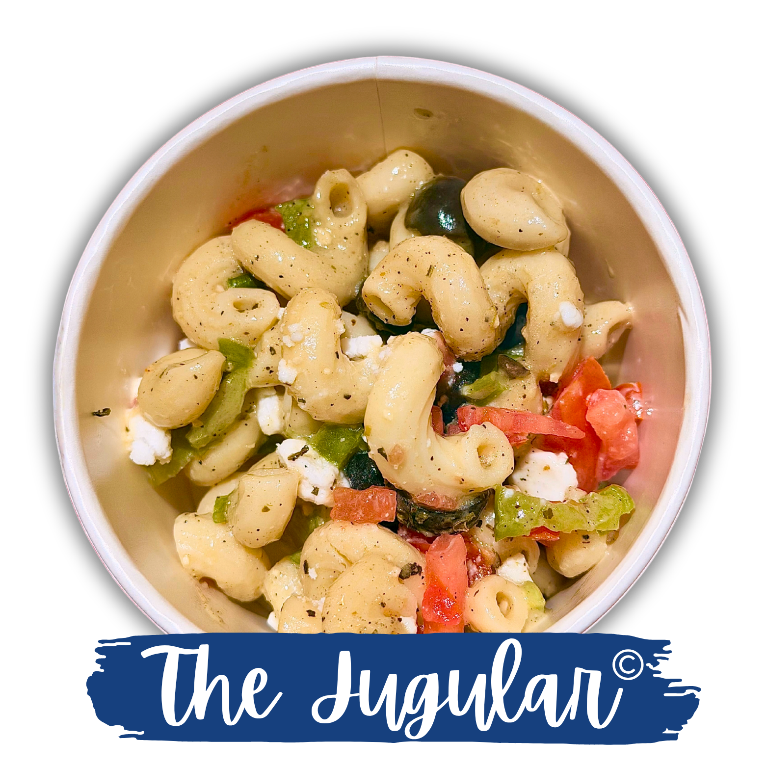 The Jugular pasta salad with bowtie pasta, tomatoes, peppers, olives, and feta.