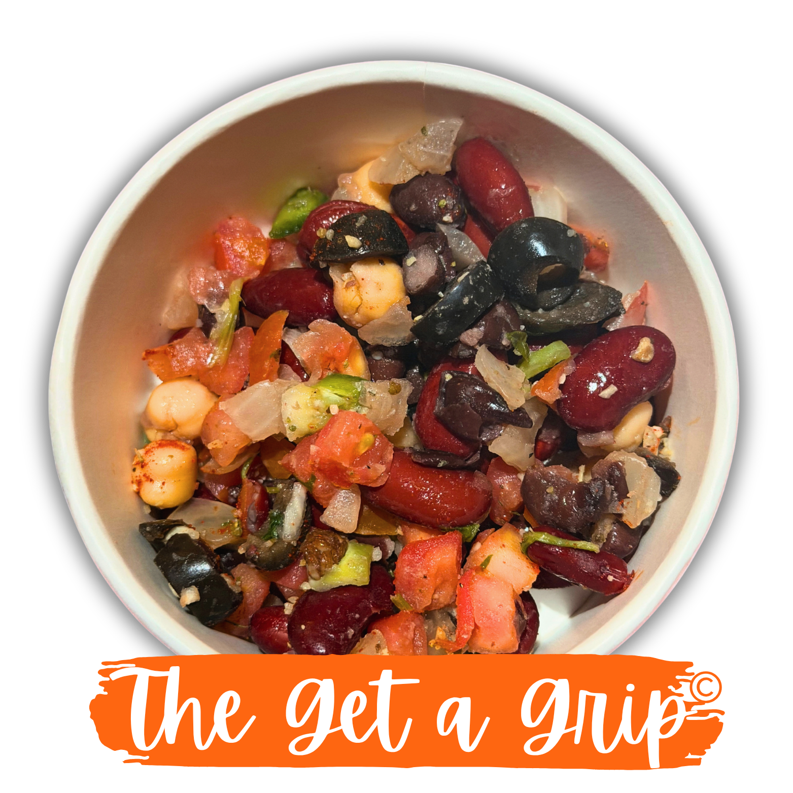 The Get a Grip bean salad with kidney beans, black beans, chickpeas, tomatoes, peppers, onions, and olives.