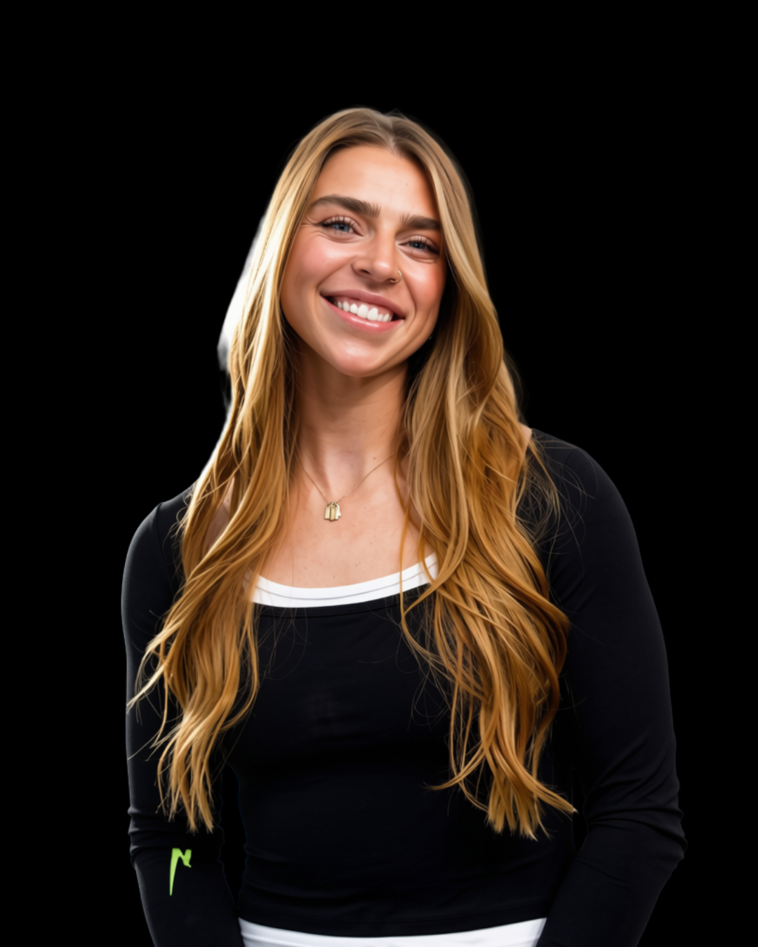 A young woman with long, wavy blonde hair smiling, wearing a black long sleeve athletic top with a white collar and a small green logo on the sleeve, standing against a black background.