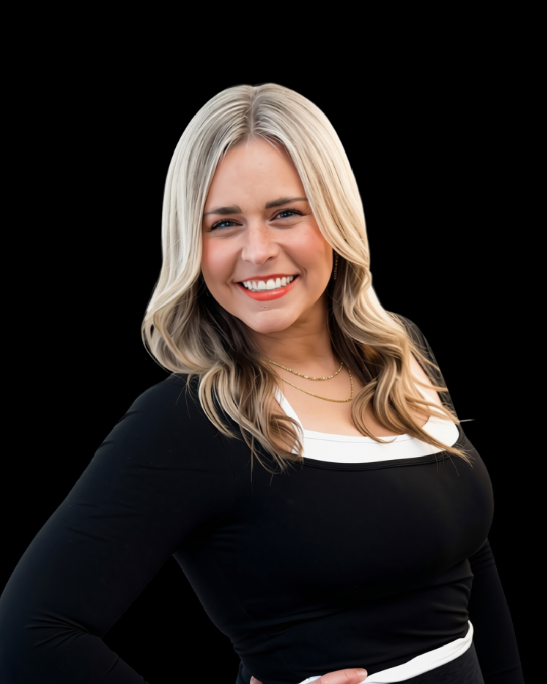 Young woman with blonde hair wearing a black top and smiling, against a black background.