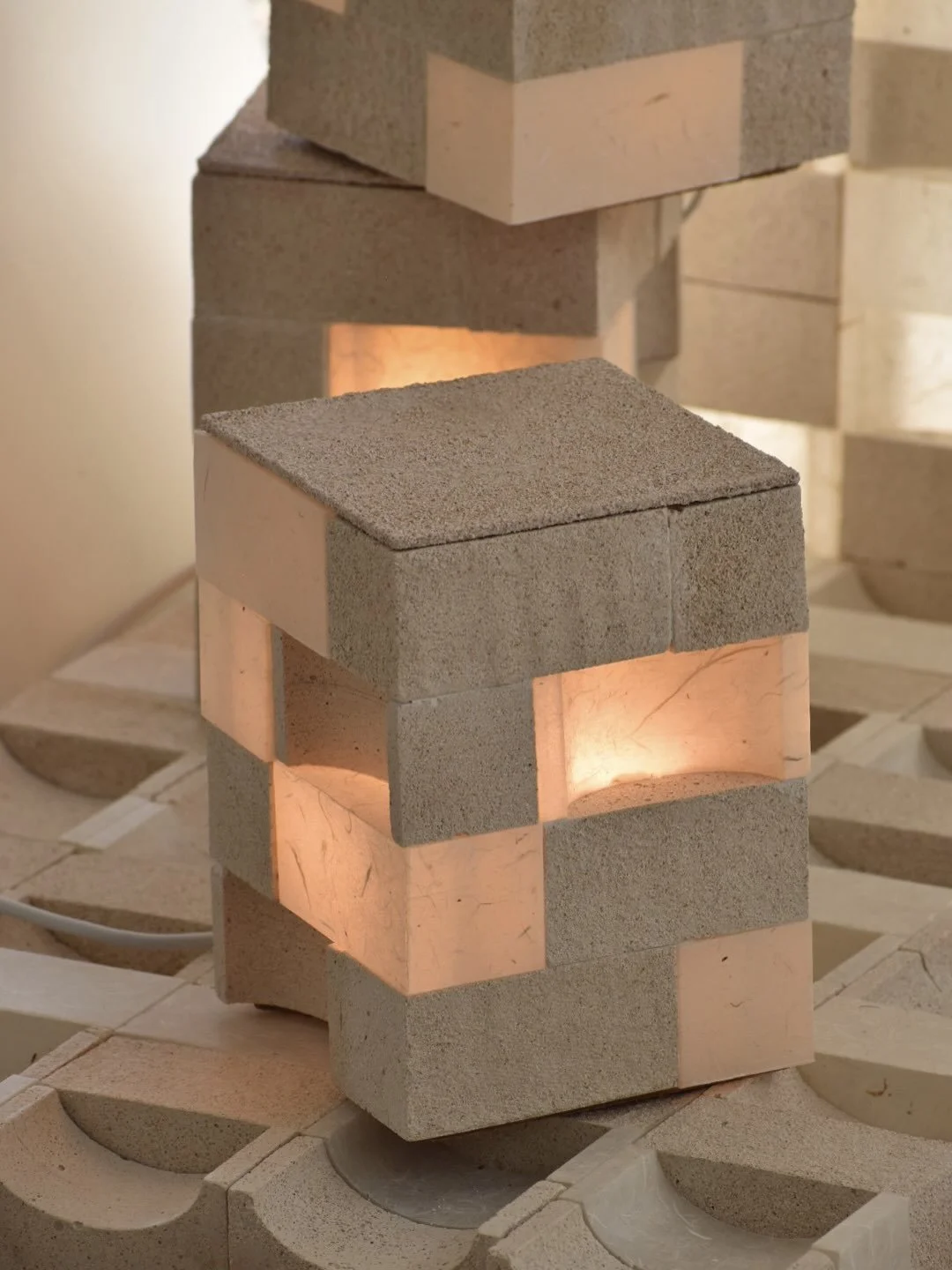 Odd blocks !! 
A limited series of table lamps made from all the &ldquo;odd&rdquo; and irregular blocks produced during the making of the Mod-u collection. Celebrating the unexpected variations and imperfections that emerge through the making process