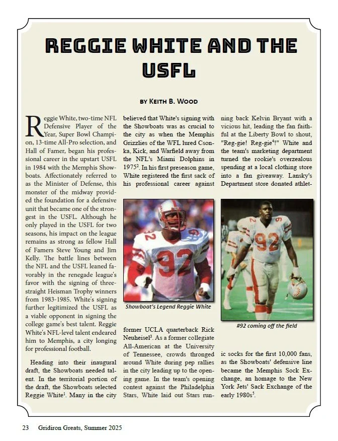 An article titled "Reggie White and the USFL" discussing Reggie White's football career, with photos of Reggie White in his football uniform.