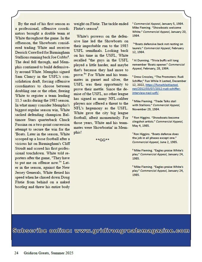 Page from Gridiron Greats magazine, Summer 2025, featuring an article about football highlights and history, with a list of references and a blue subscription banner at the bottom.