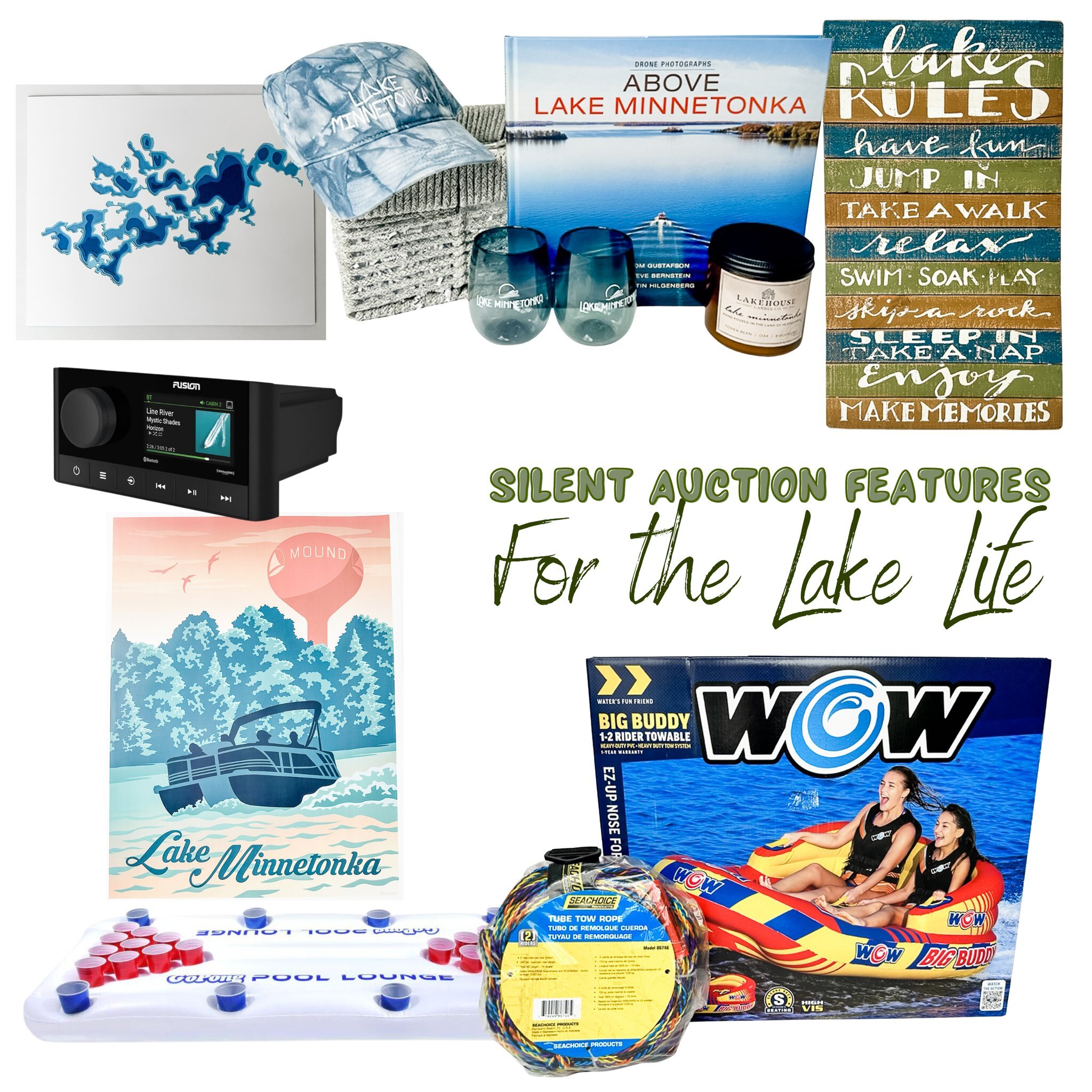 Sneak peak of some silent auction items donated by local businesses! Marine stereo package from @wheelstowaves, Lake Mtka print by @crafterall, Lake Mtka theme basket by Compass Management Group, Lake Rules sign by @oohlalaboutiquemn , Lake Minnetonk