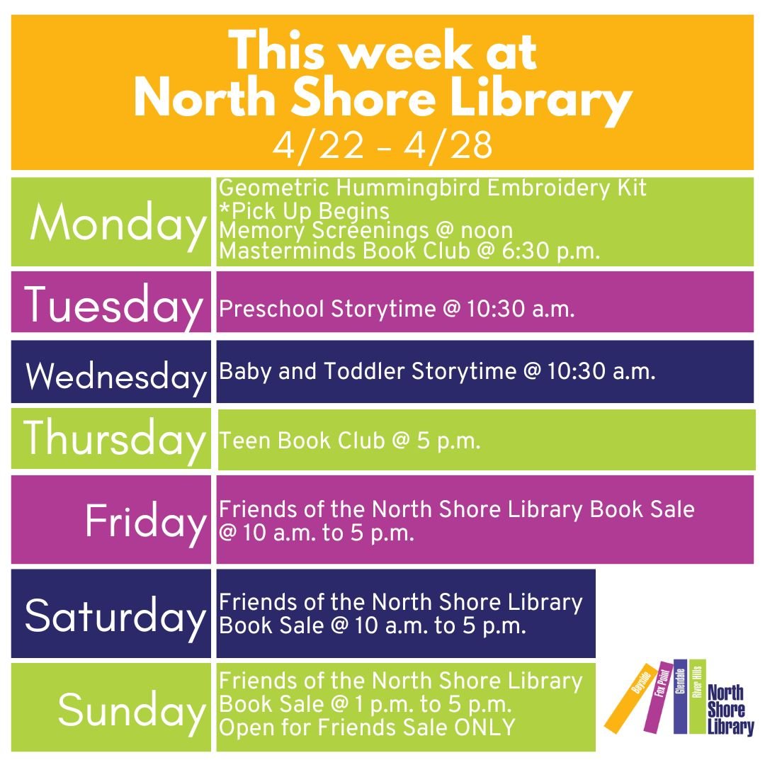 This week at North Shore Library! We're excited for our Friends of North Shore Library Book Sale!

#NorthShoreLibrary #BookSale #MilwaukeeBookSale #UsedBooksSale