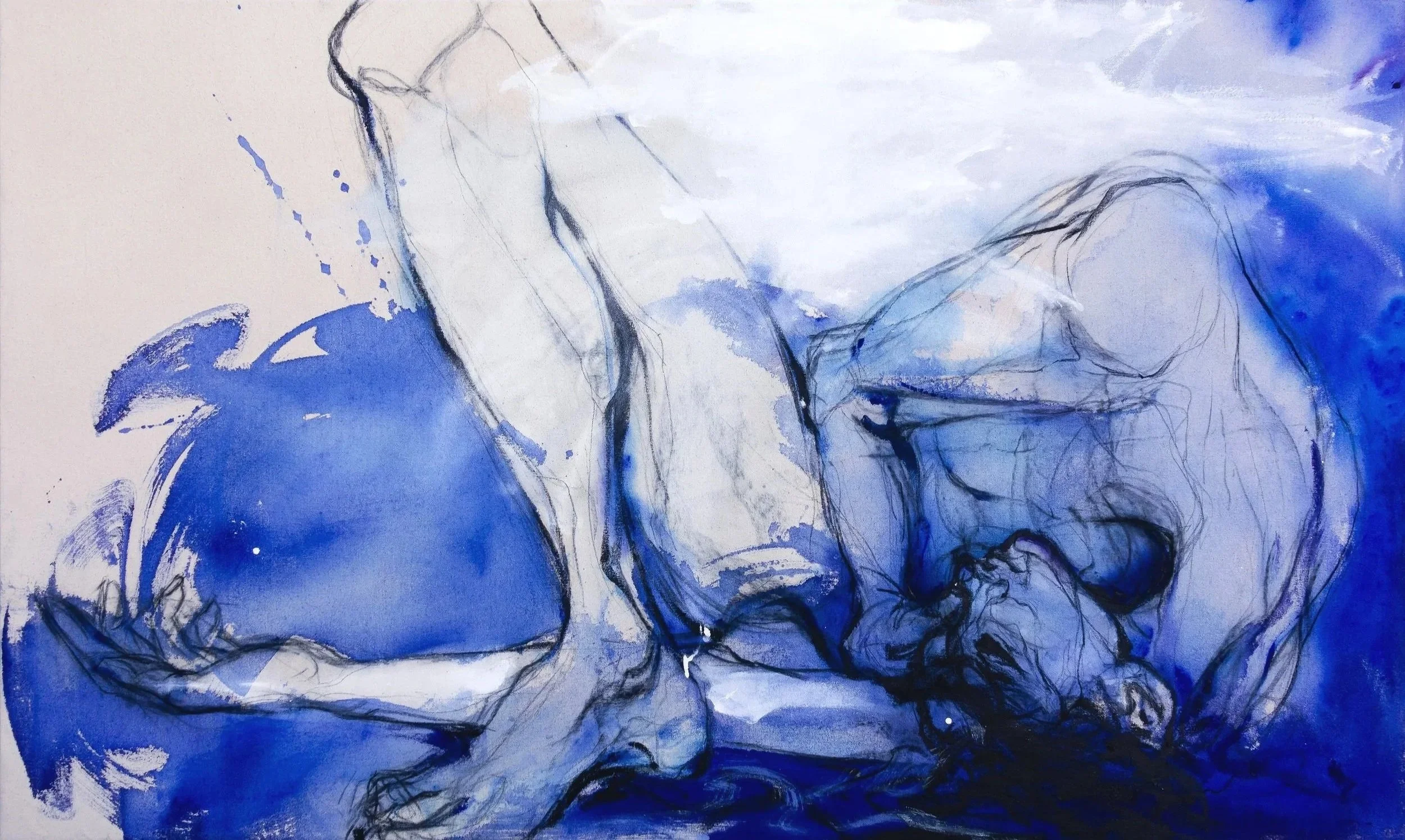 Under Blue Shade / 2026 / Acrylic and charcoal on canvas / 36 × 60 in