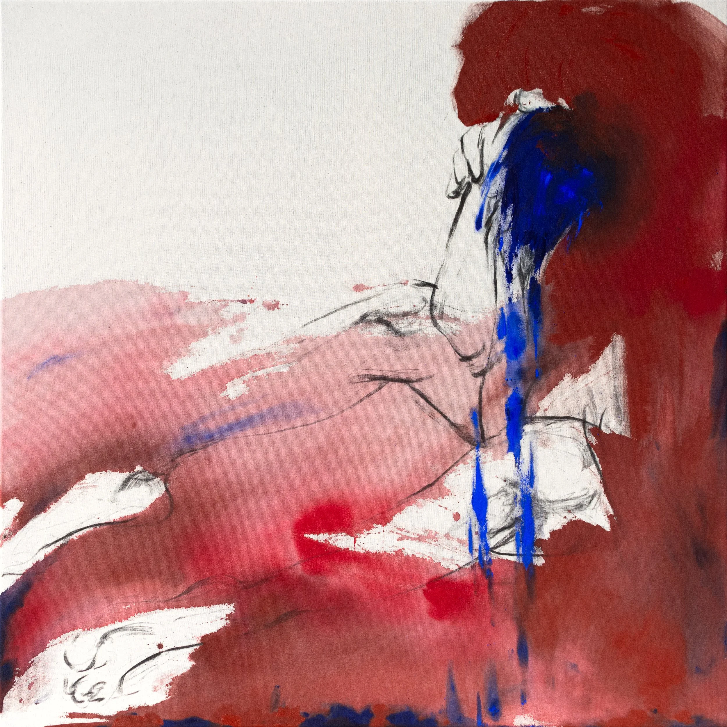 Where I Lean / 2026 / Acrylic, charcoal, and dry pigment on canvas / 39.4 × 39.4 in (100 × 100 cm)