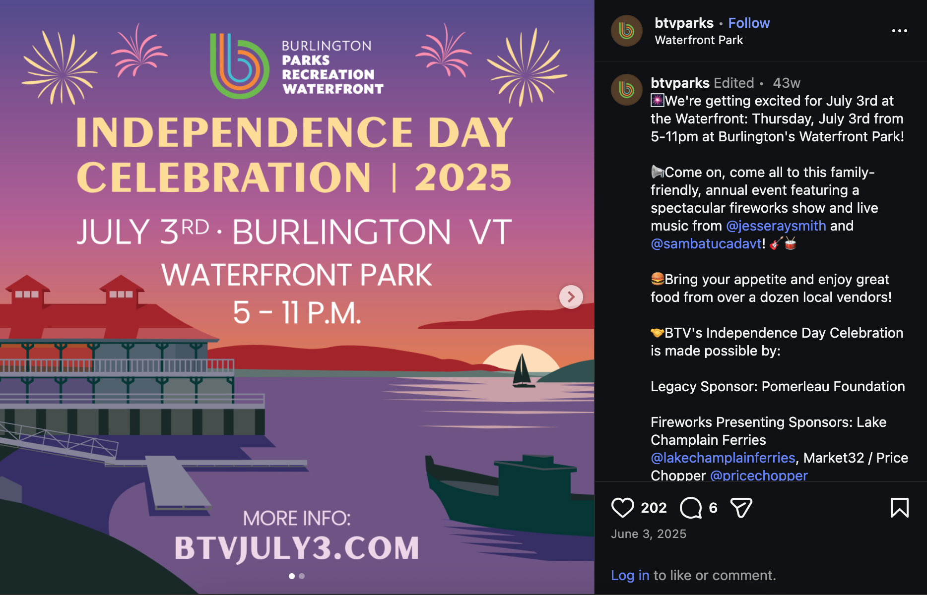 Social Promotion for Burlington's July 3rd Event, the largest fireworks display in Vermont