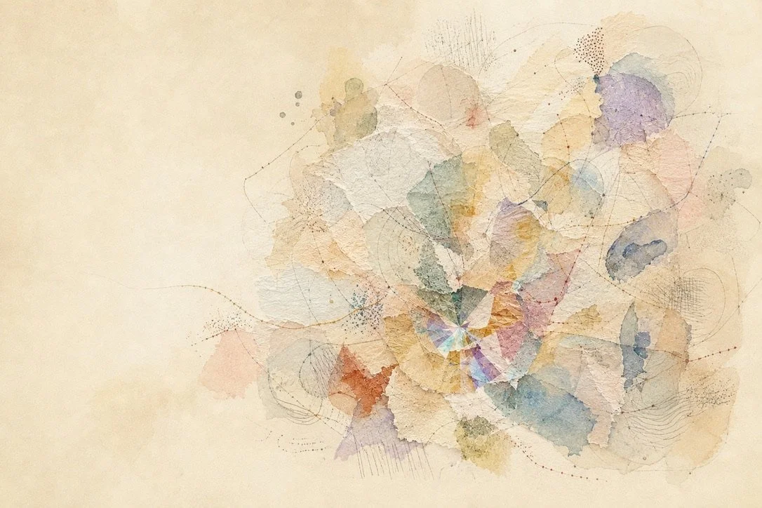 Abstract ivory mixed-media artwork with layered organic shapes, interconnected lines, and a colorful kaleidoscopic center.